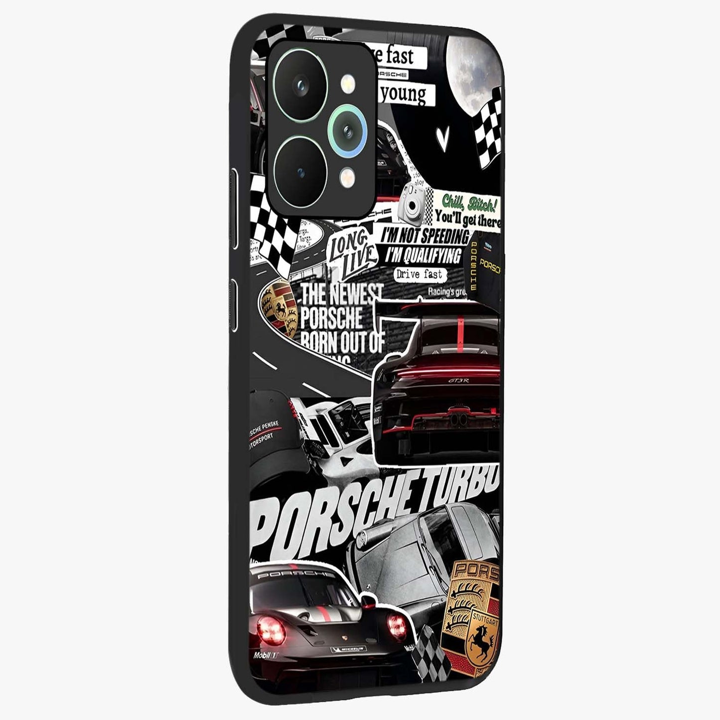 Porsche Racing Collage Glass Case upright view showcasing energetic car collage artwork with high speed racing theme.