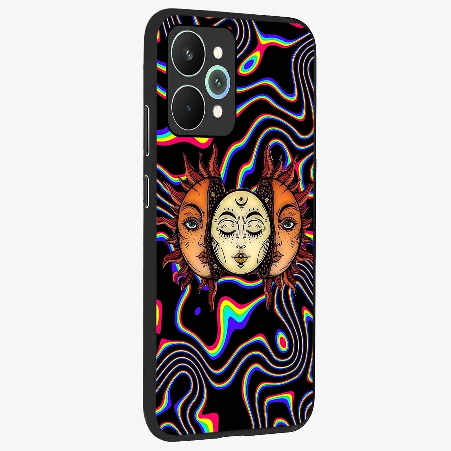 Psychedelic Sun Glass Case upright view showcasing trippy sun artwork with bold psychedelic theme.