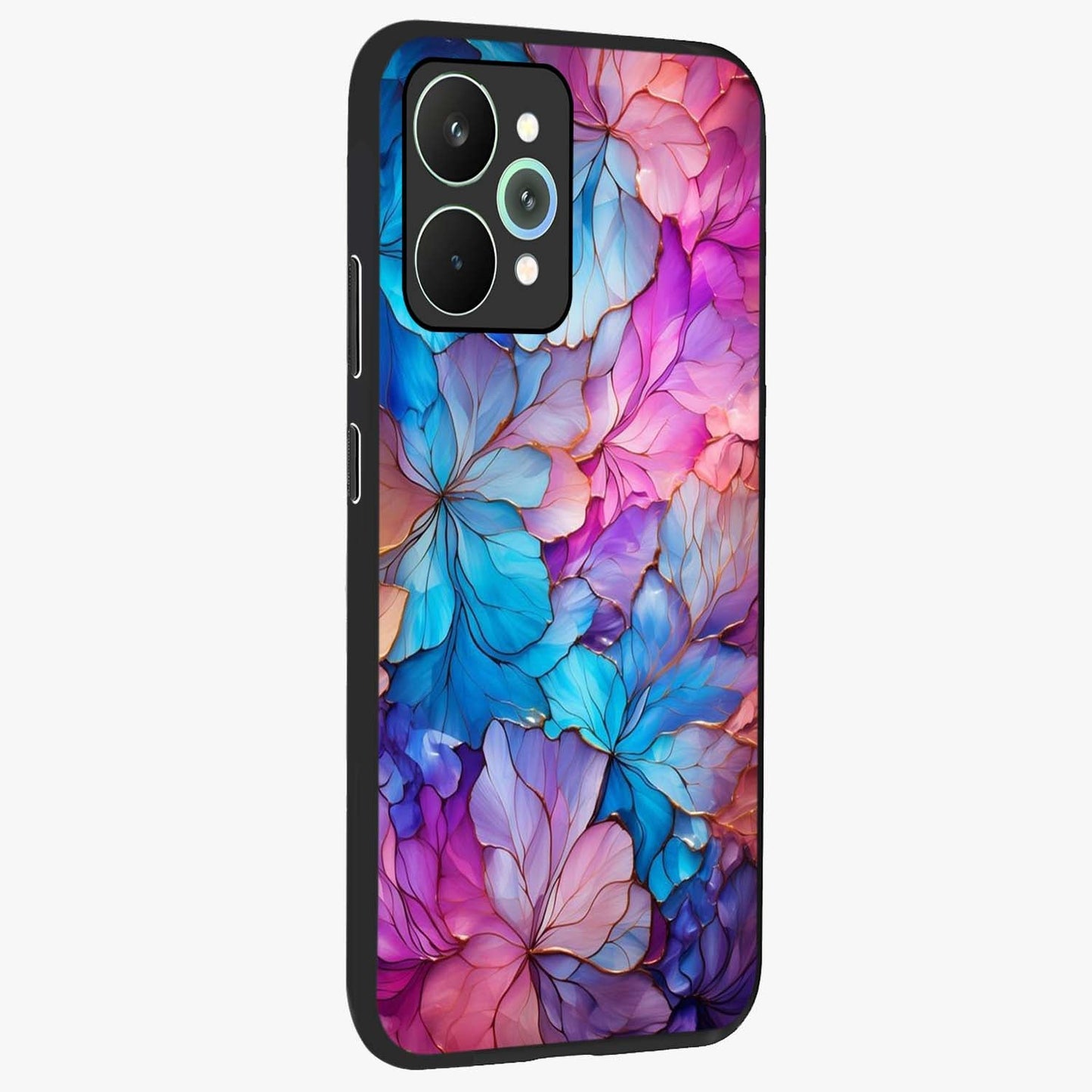 Radiant Floral Whirl Glass Case upright view showcasing lively floral artwork with decorative swirl theme.