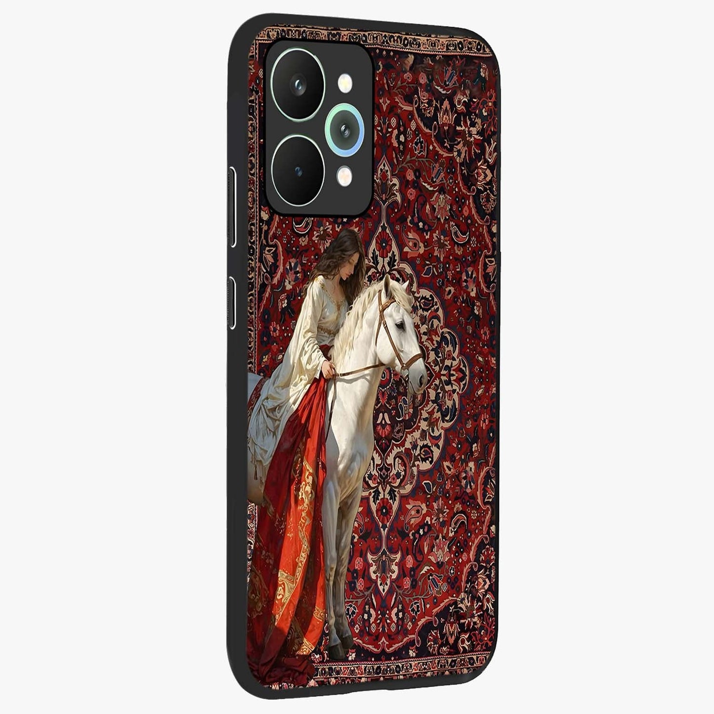 Royal Rider Tapestry Glass Case upright view showcasing detailed rider artwork with classic tapestry theme.