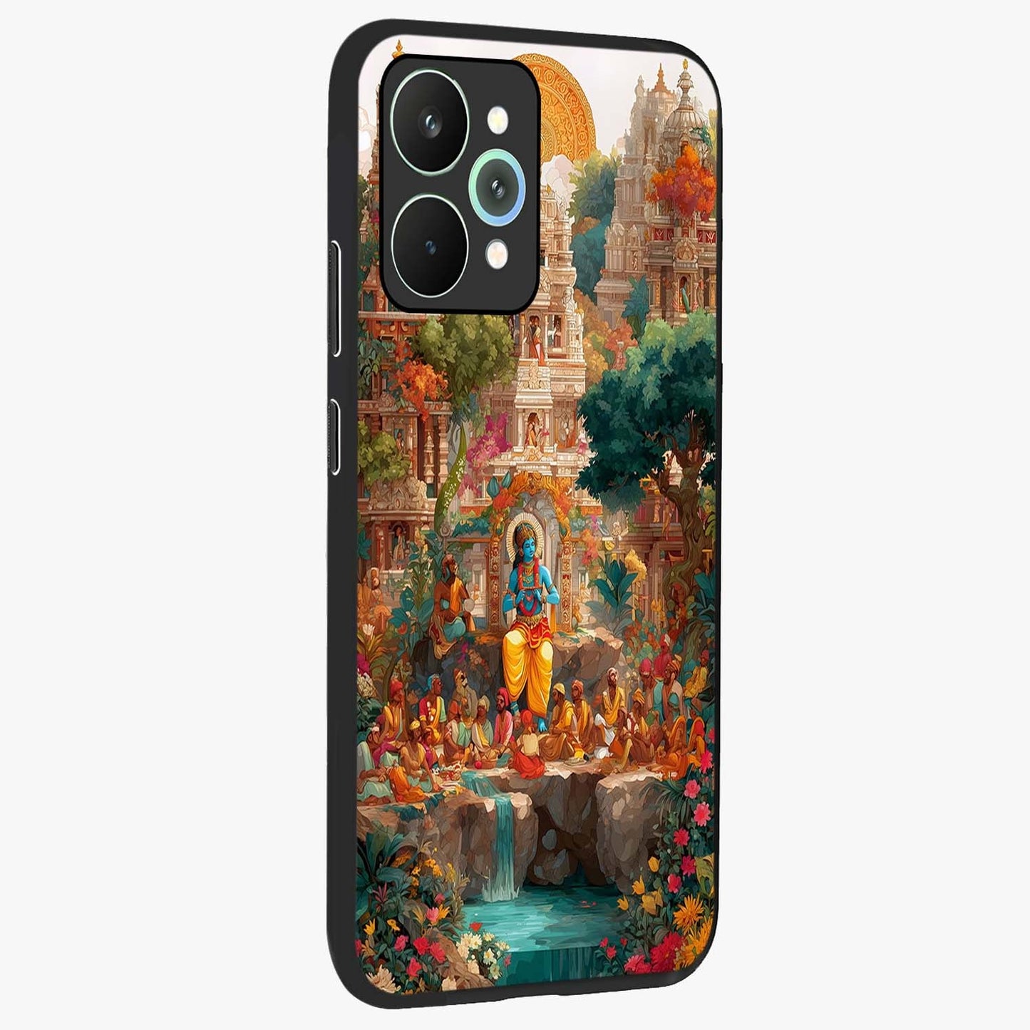 Sacred Sunlight Gods Glass Case upright view showcasing glowing divine artwork with sacred mythological theme.