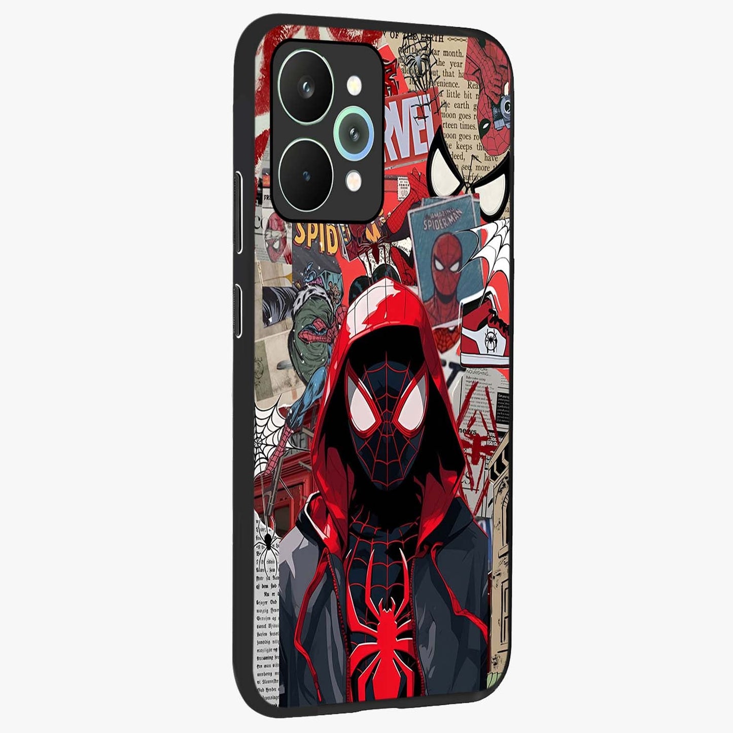 Spider Collage Street Glass Case upright view showcasing bold superhero artwork with urban street theme.