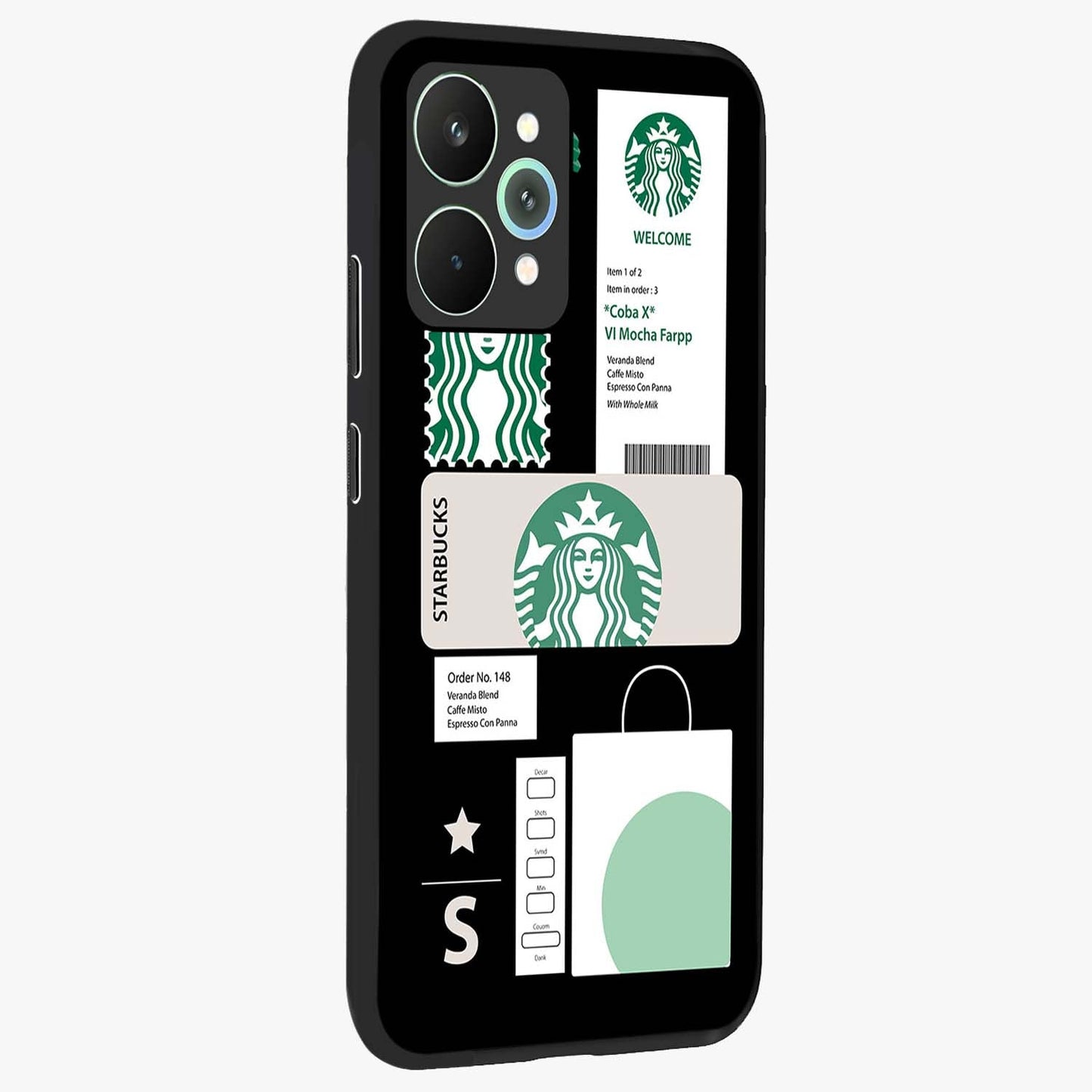 Starbucks Mocha Glass Case upright view showcasing trendy coffee inspired artwork with modern lifestyle theme.