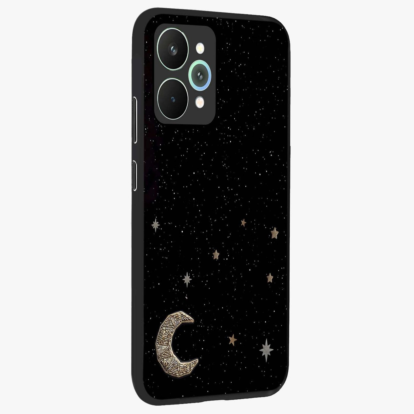 Twinkle Star With Half Moon Glass Case upright view showcasing glowing cosmic artwork with dreamy night theme.