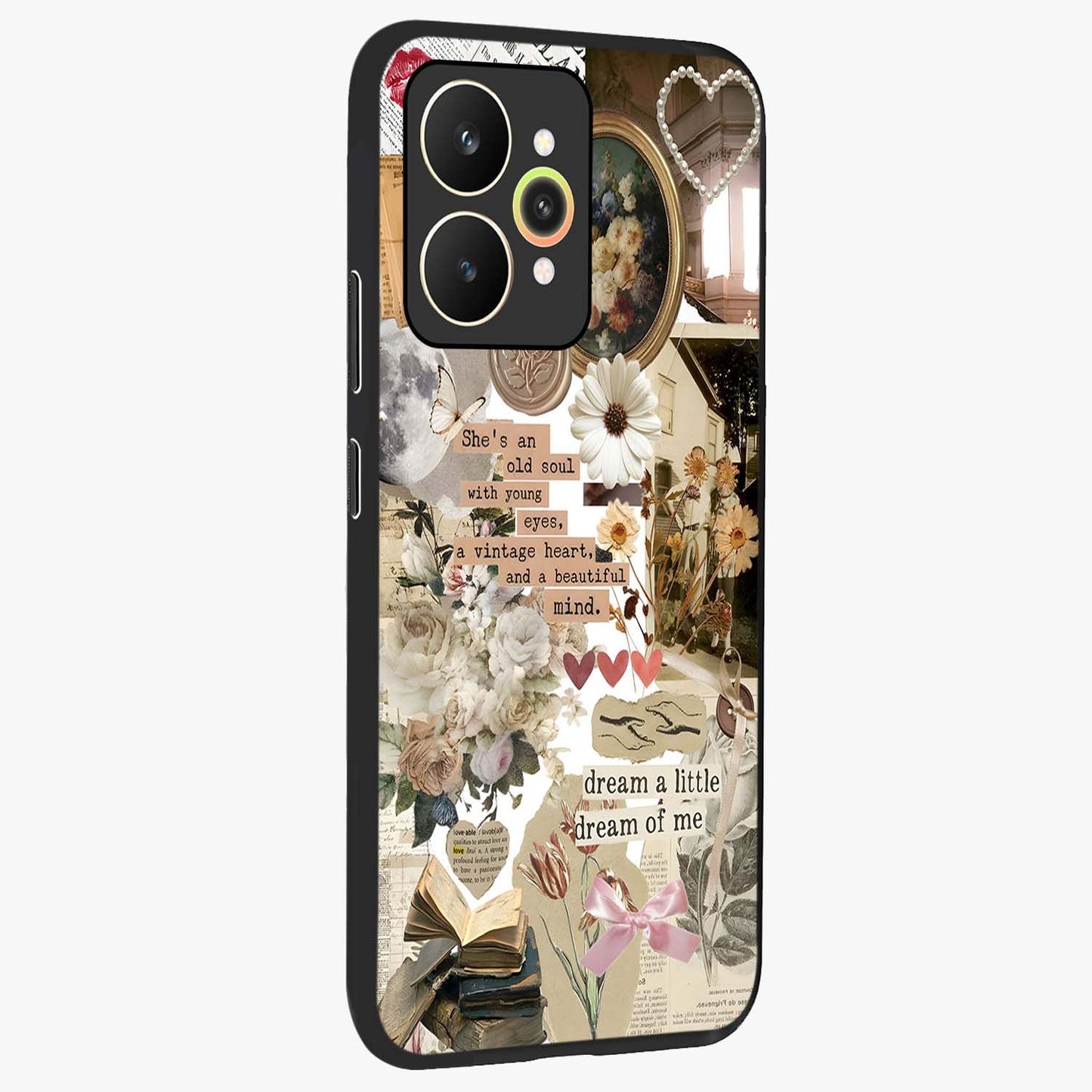 Aesthetic Brown Vintage Collage Glass Case upright view showcasing nostalgic retro artwork with stylish vintage theme.