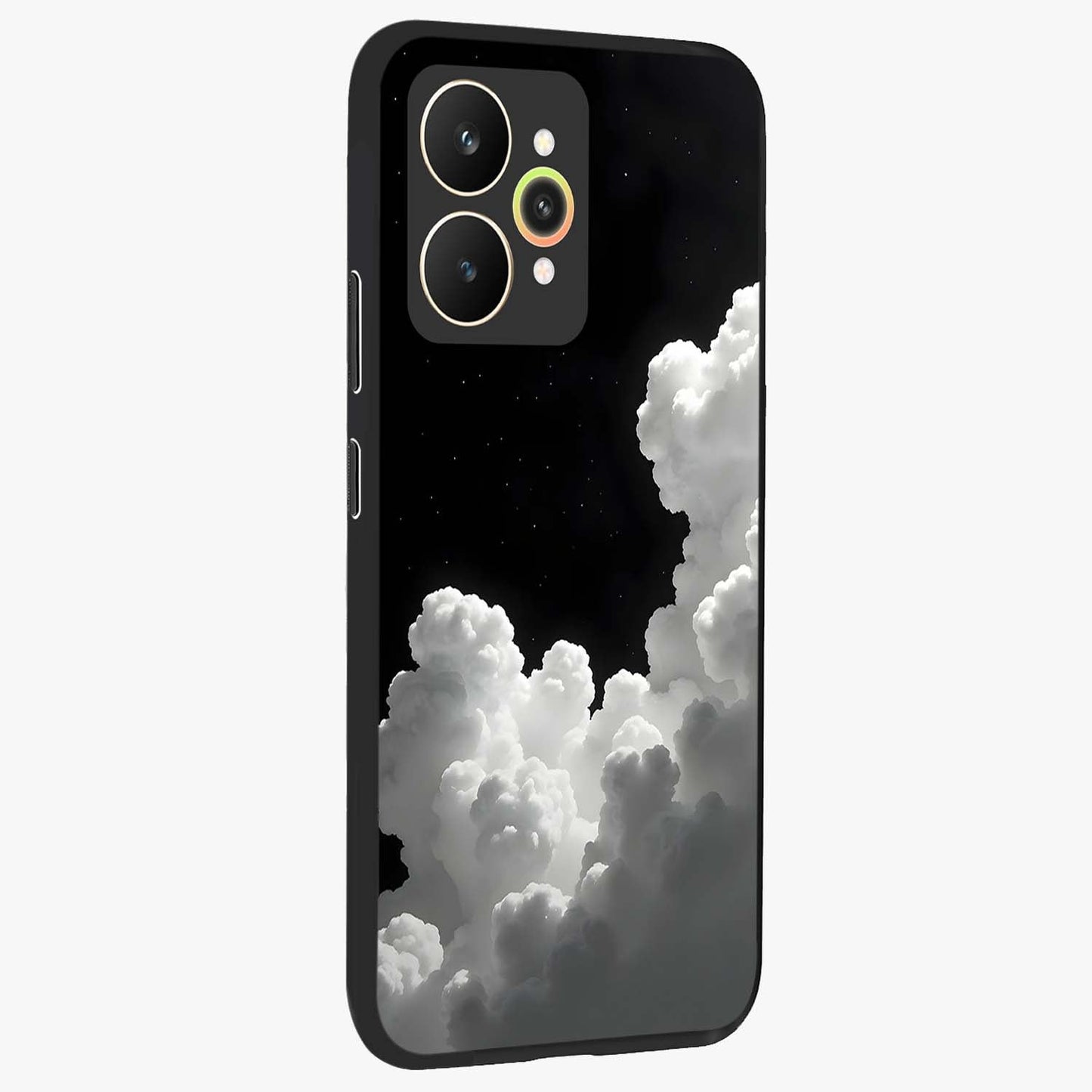 Black Background With White Cloud Glass Case upright view showcasing calm cloud aesthetic with modern minimal style.