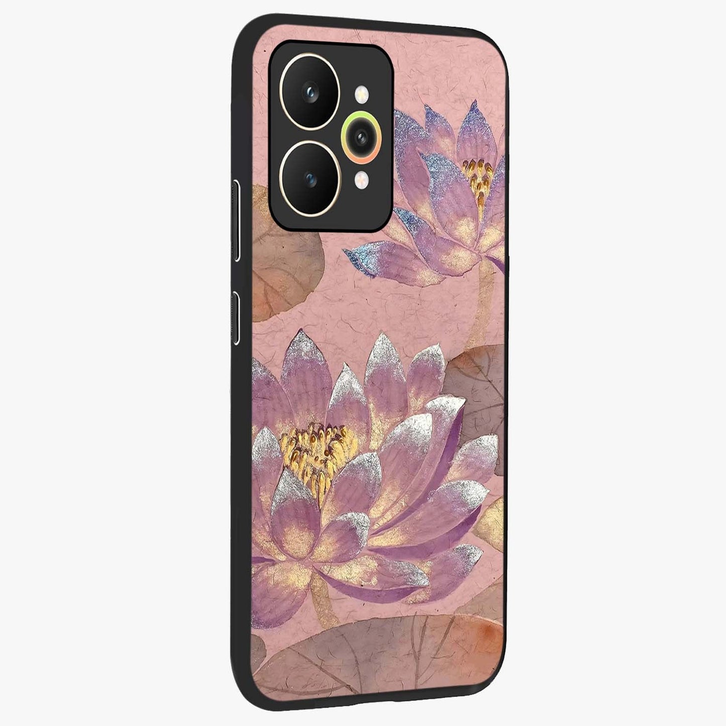 Blossom Mist Lotus Glass Case upright view showcasing graceful lotus flower design with peaceful botanical style.