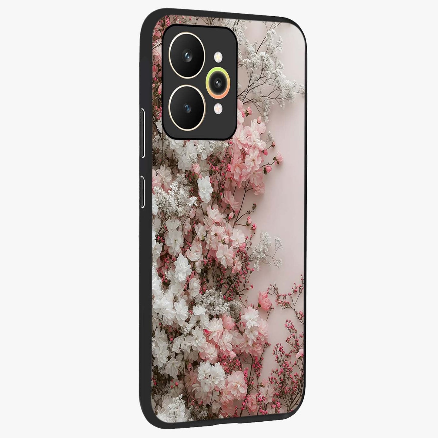 Blush Blossom Cloud Glass Case upright view showcasing calm floral cloud artwork with gentle dreamy theme.