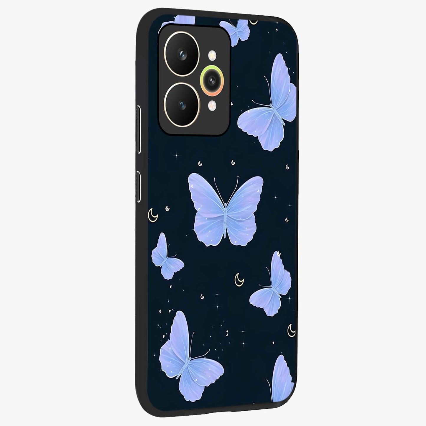 Butterfly With Stars Pattern Glass Case upright view showcasing celestial butterfly artwork with sparkling star elements.