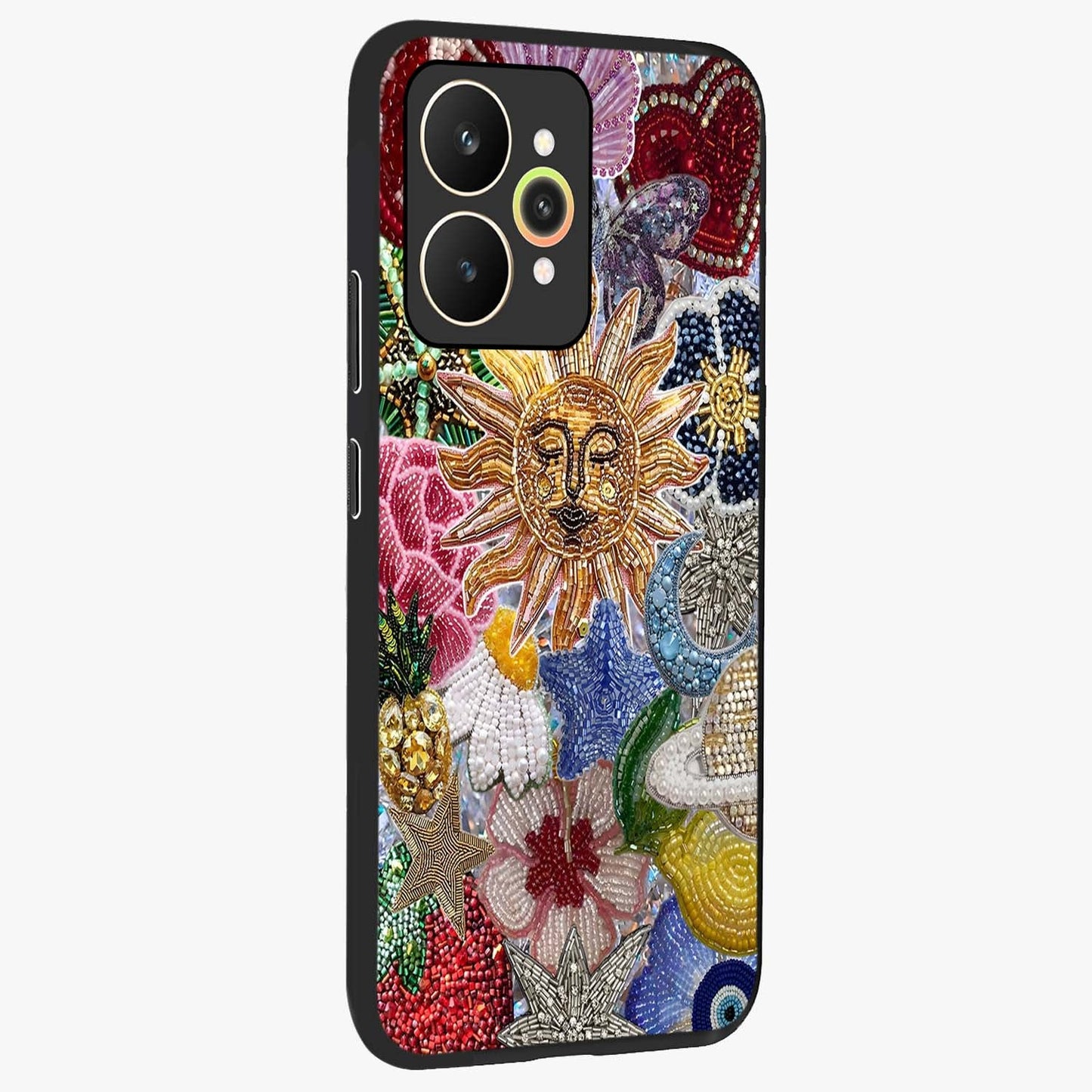 Celestial Floral and Playful Glass Case upright view showcasing whimsical floral artwork with cosmic aesthetic theme.