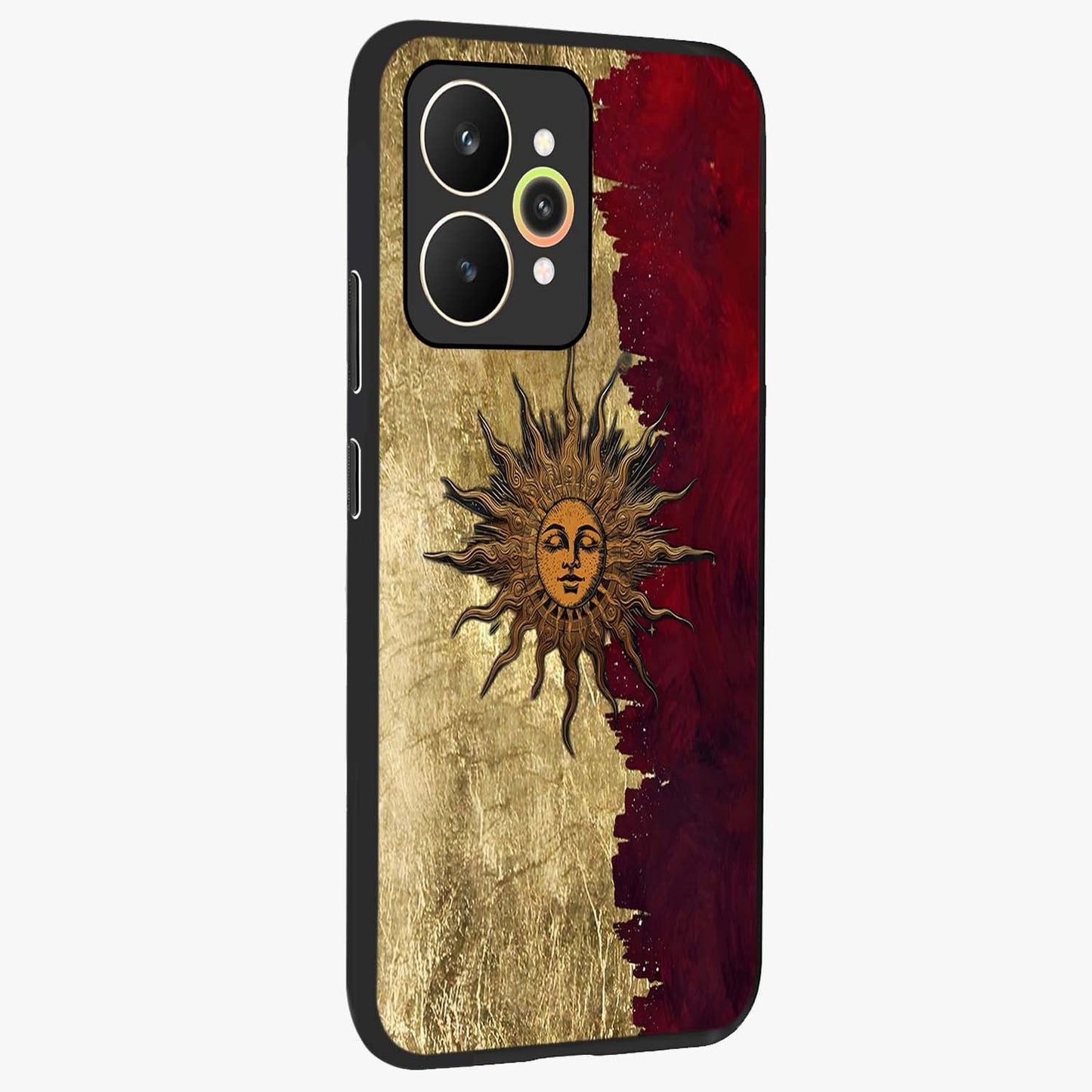 Crimson Sun Majesty Glass Case upright view showcasing vibrant sun artwork with powerful celestial theme.