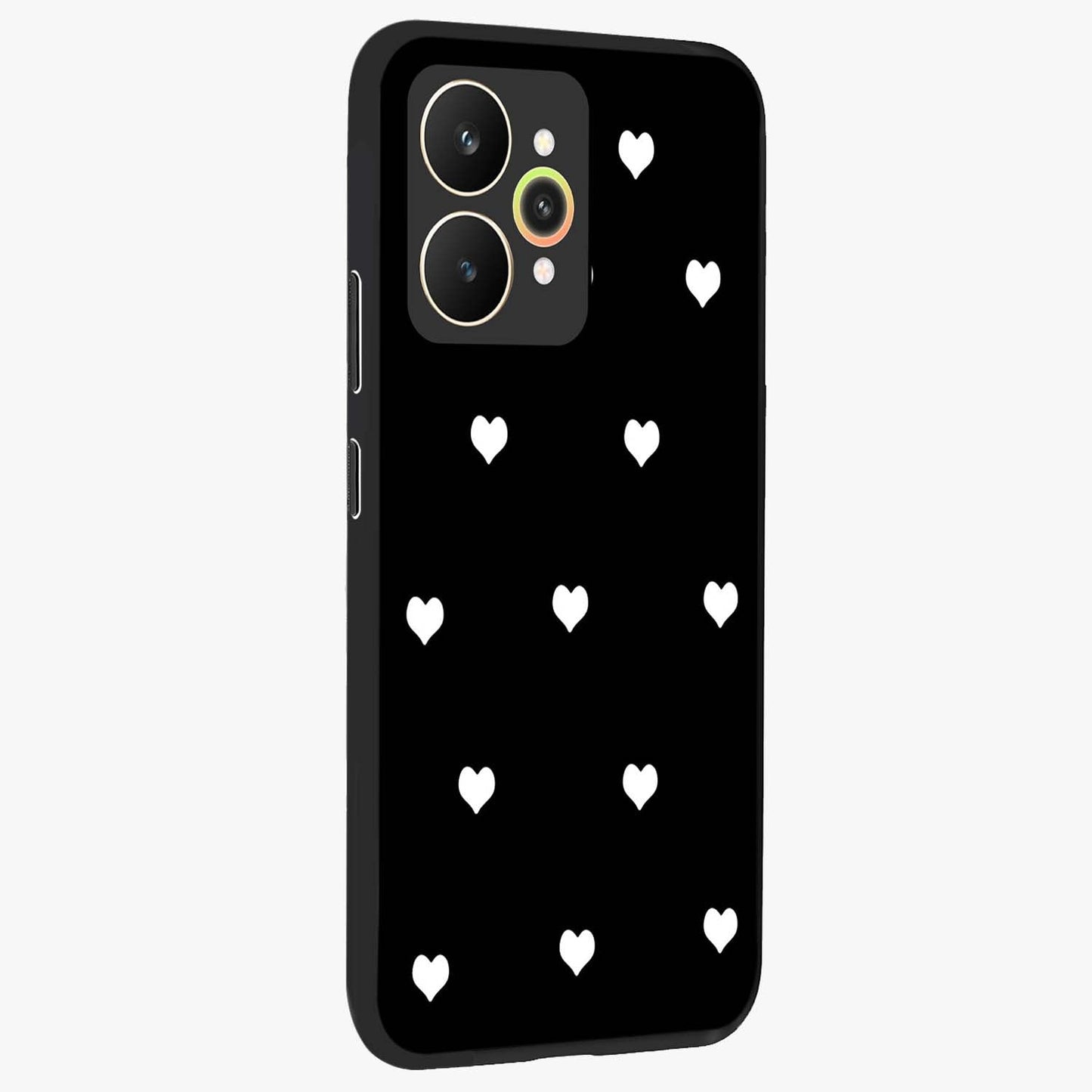 Cute And Simple White Hearts Glass Case upright view showcasing simple white hearts artwork with soft minimal theme.