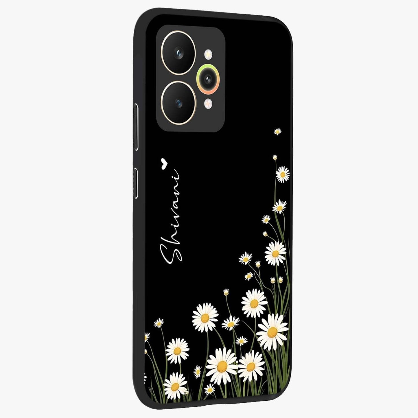 Daisy Cascade Custom Name Glass Case upright view showcasing elegant floral cascade design with personalized aesthetic.
