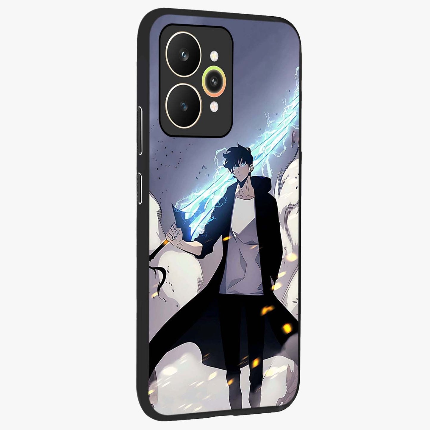 Dark Lightning Anime Warrior Glass Case upright view showcasing dramatic warrior artwork with dark lightning aesthetic.