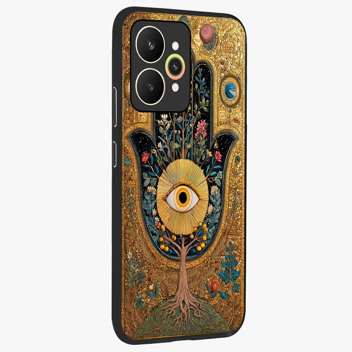 Ethereal Evil Eye Glass Case upright view showcasing celestial evil eye artwork with mystical theme.