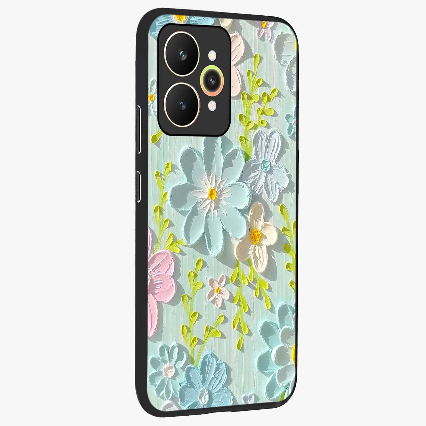 Frosted Petal Garden Glass Case upright view showcasing elegant floral garden artwork with soothing pastel theme.