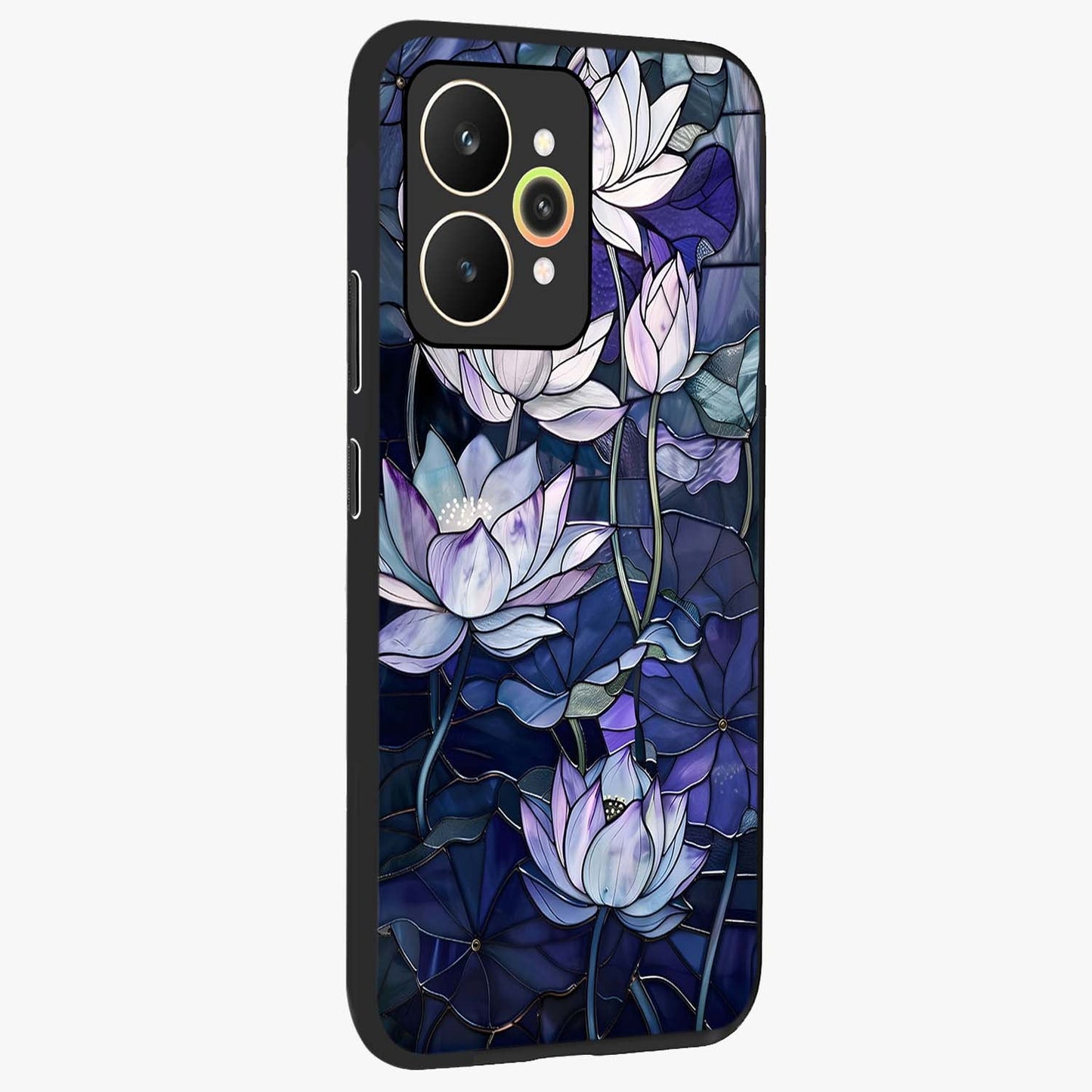 Gloss Petal Rush Glass Case upright view showcasing dynamic floral petal artwork with modern botanical theme.