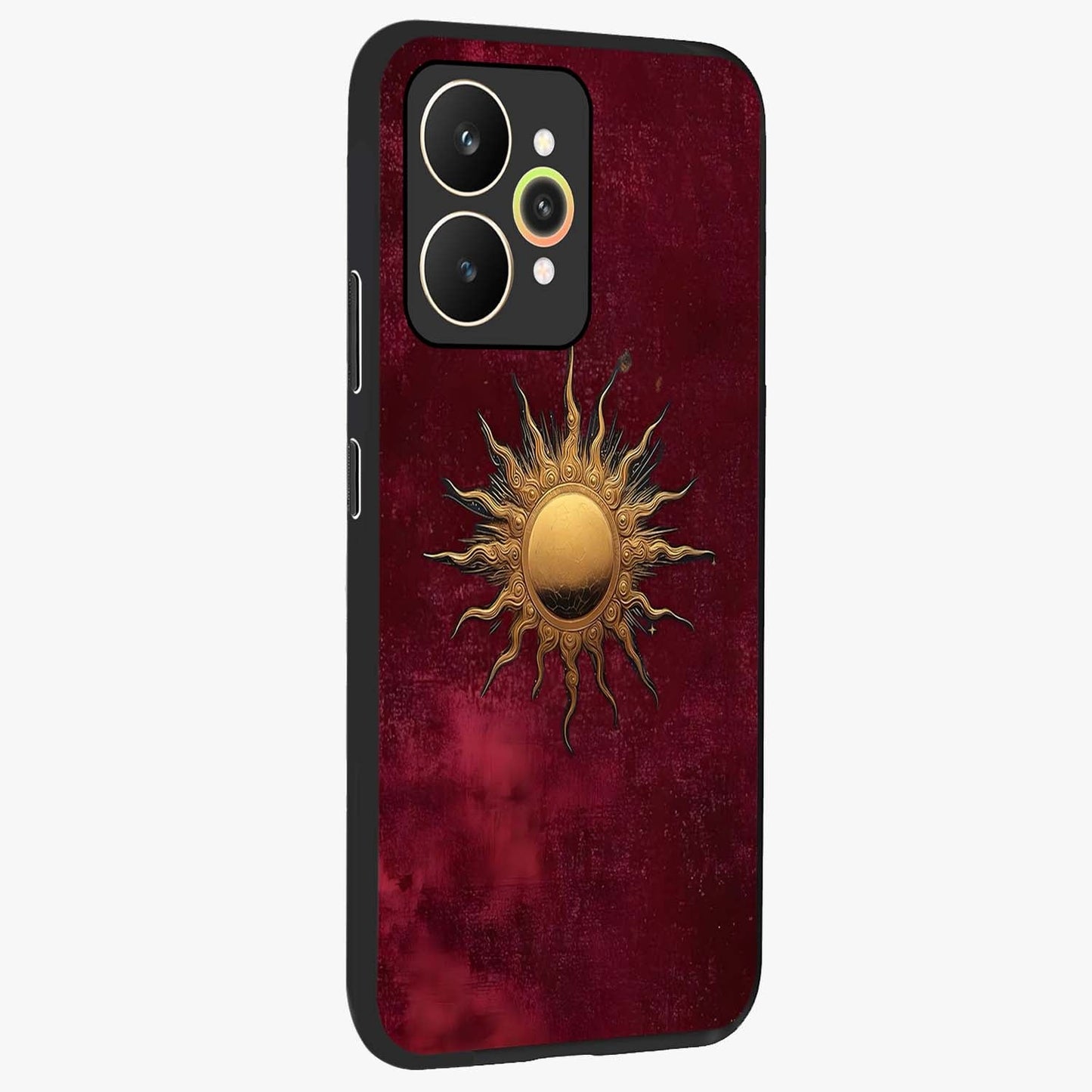 Golden Sun Minimalism Glass Case upright view showcasing simple golden sun artwork with elegant minimalist style.