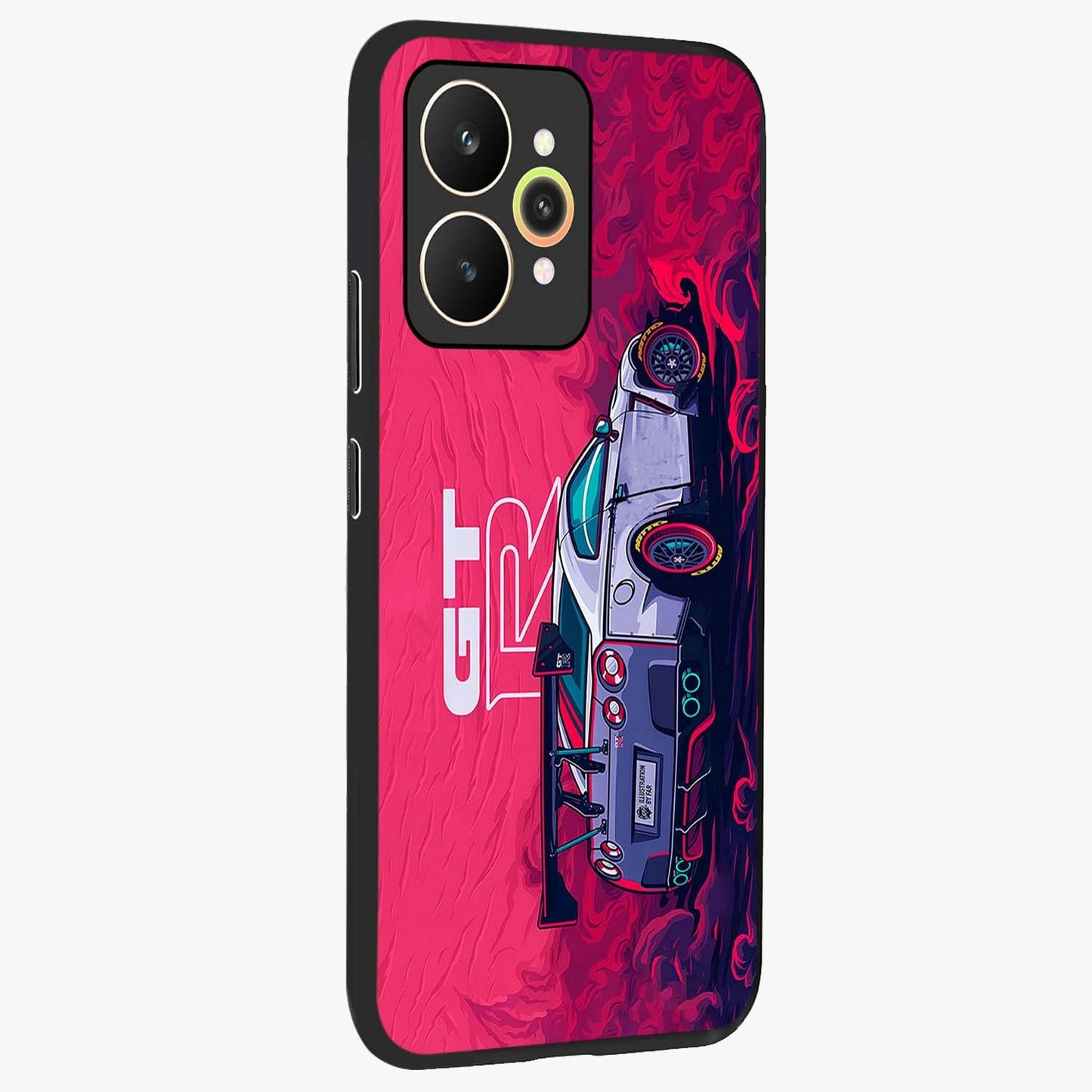 GT-R Car Pattern Glass Case upright view showcasing dynamic car pattern artwork with modern sports theme.