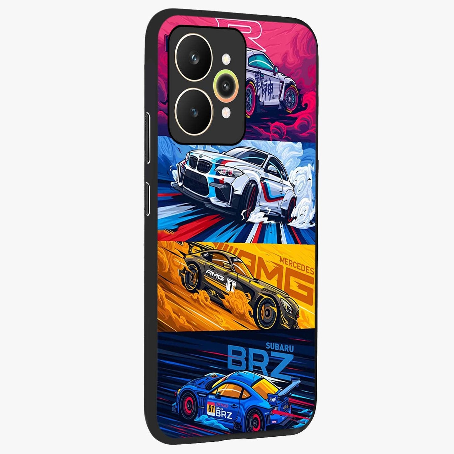 JDM Sports Car Glass Case upright view showcasing dynamic sports car artwork with bold racing theme.