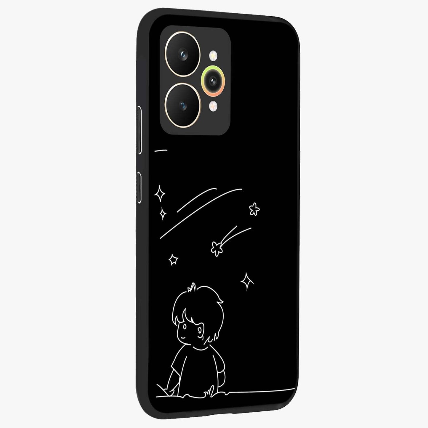 Line Art Boy With Shooting Stars Glass Case upright view showcasing artistic shooting star illustration with minimal style.