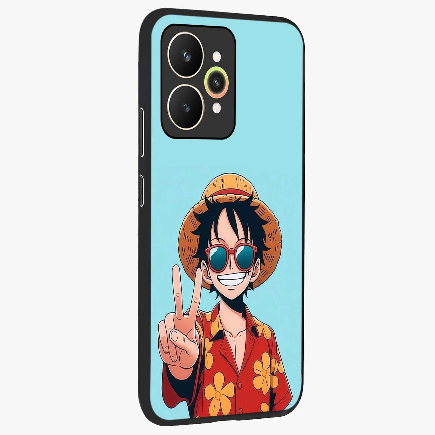 Luffy Summer Anime Vibe Glass Case upright view showcasing dynamic anime artwork with bright adventurous theme.