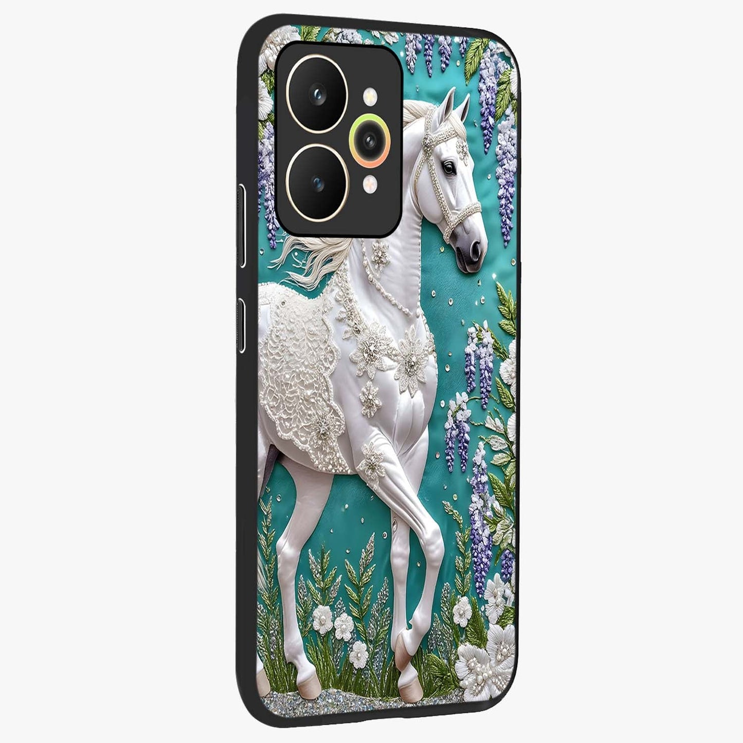 Majestic Floral Stallion Glass Case upright view showcasing dramatic horse artwork with decorative floral theme.