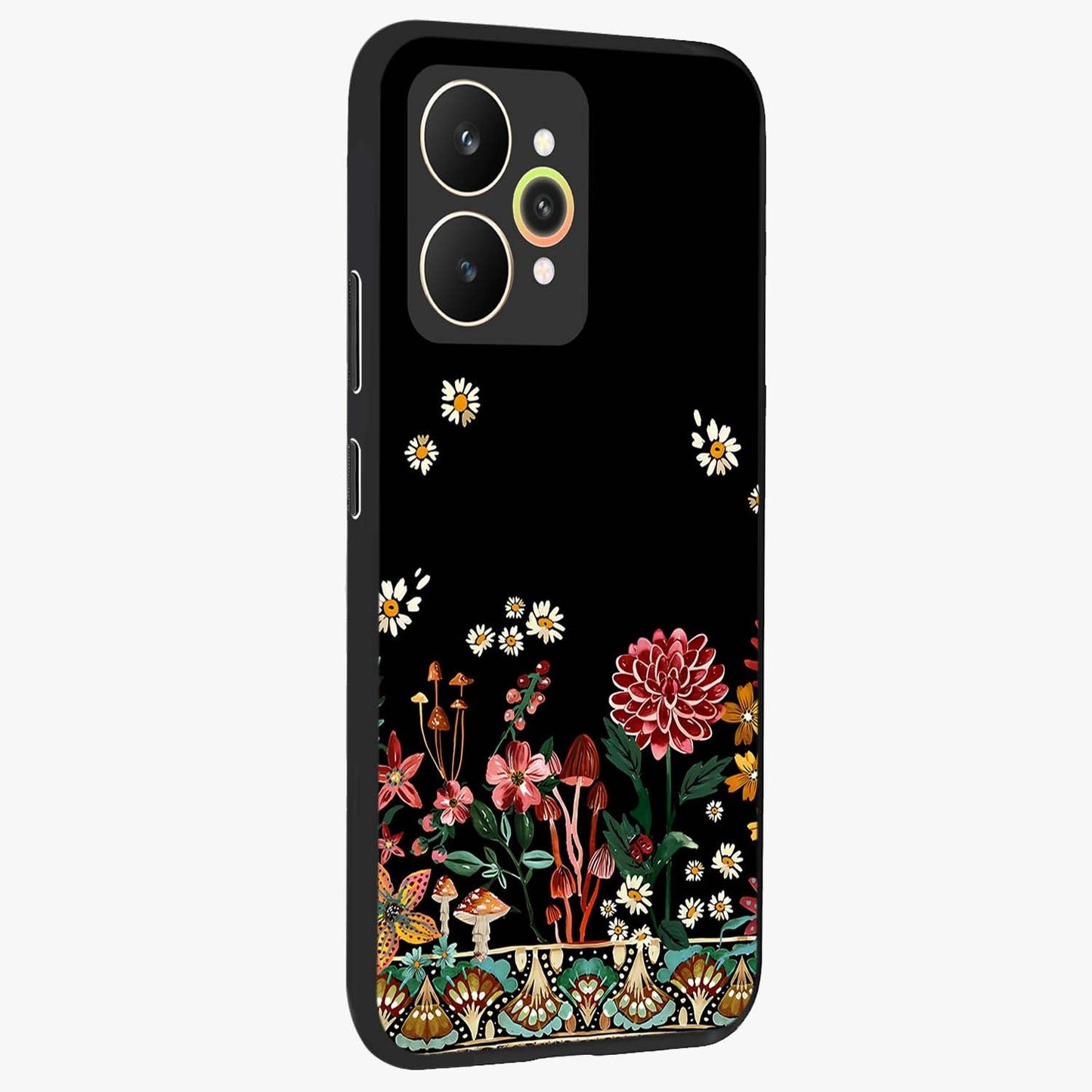 Midnight Bloom Pattern Glass Case upright view showcasing decorative floral artwork with deep night themed palette.