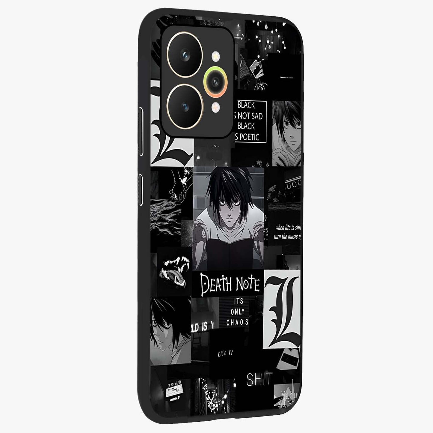 Midnight Chaos Mind Glass Case upright view showcasing expressive abstract artwork with bold dark theme.