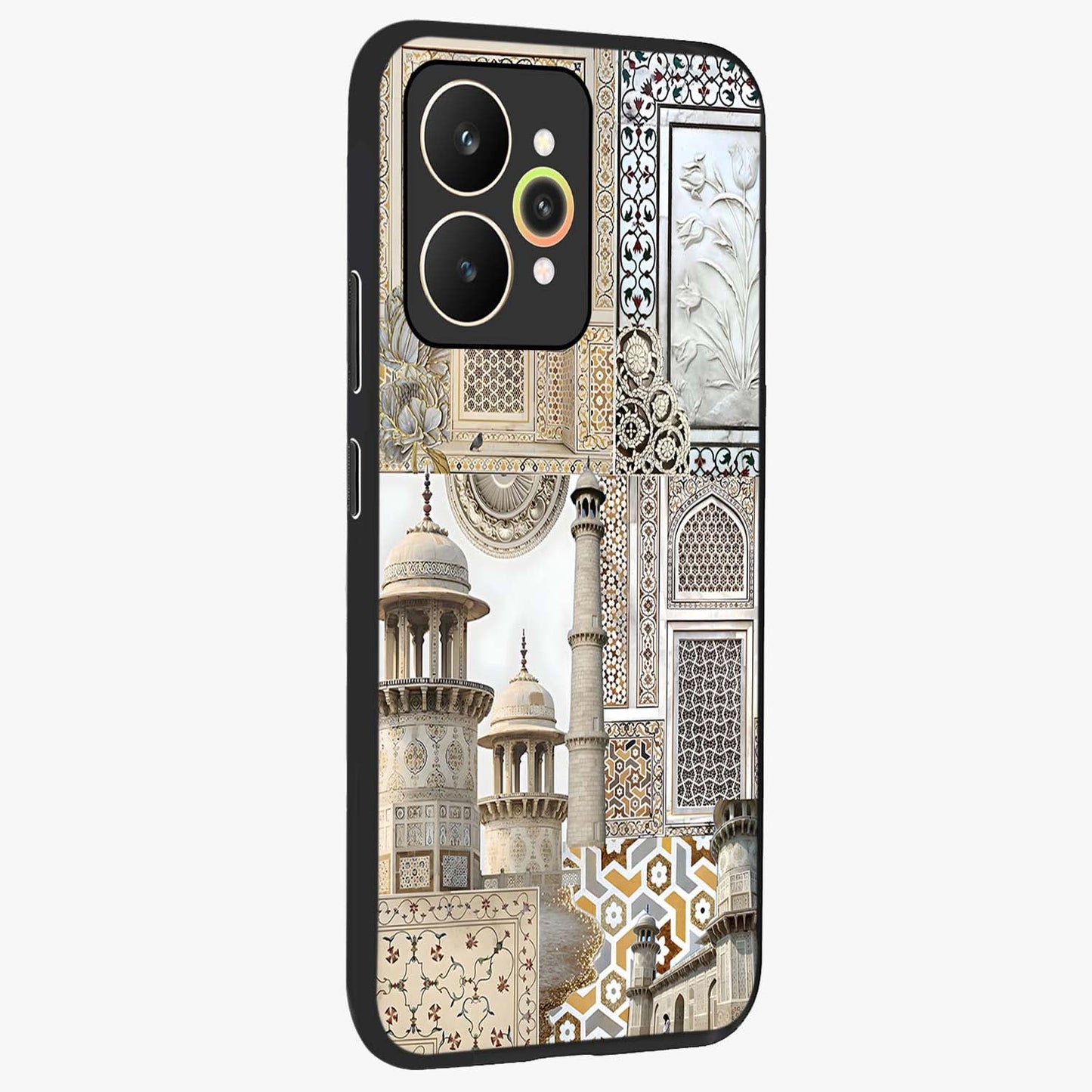 Mughal Marble Legacy Glass Case upright view showcasing ornate Mughal design with luxurious traditional theme.