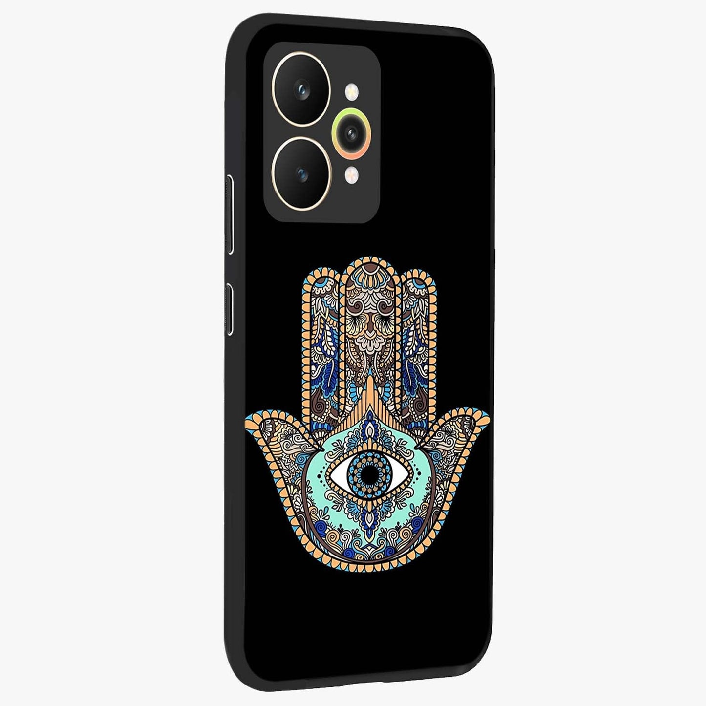 Mystic Hamsa Eye Glass Case upright view showcasing detailed hamsa eye artwork with protective spiritual theme.
