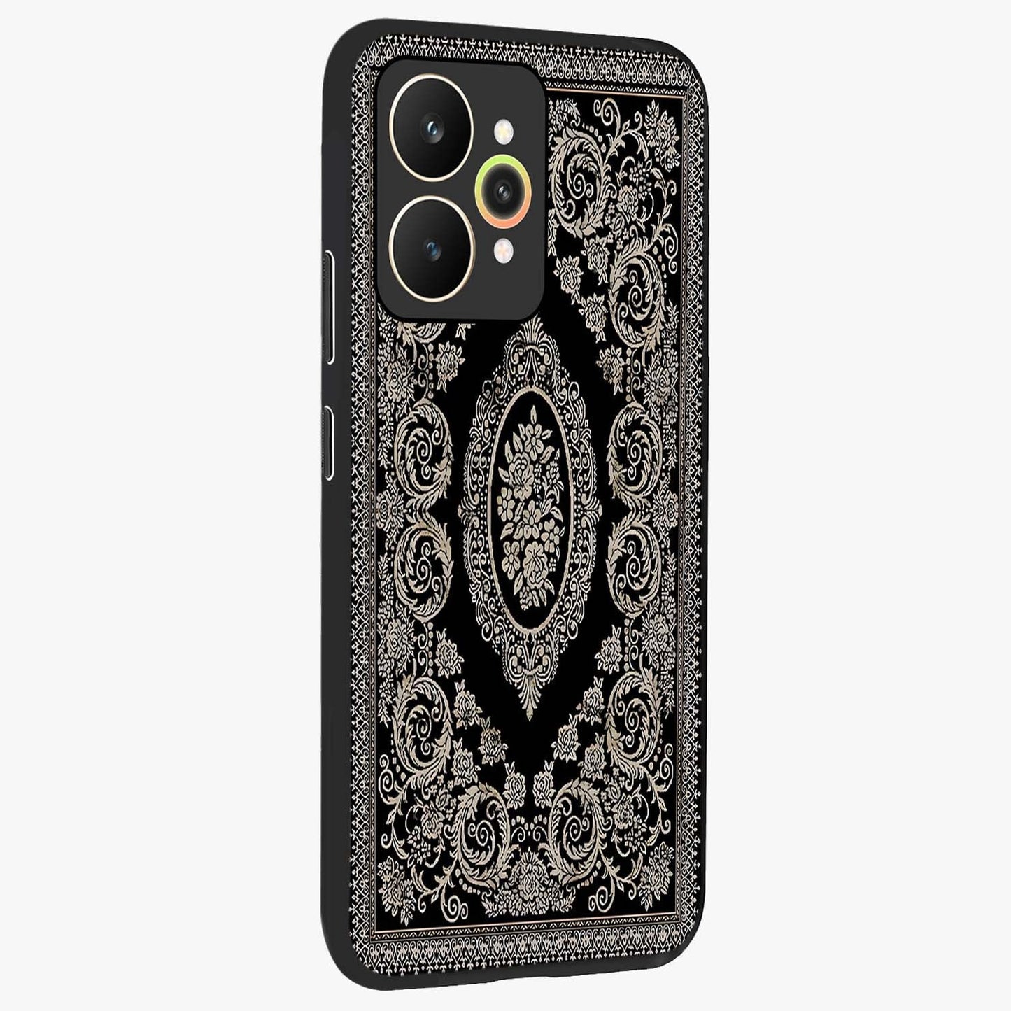 Noir Bloom Elegance Glass Case upright view showcasing graceful floral artwork with luxurious dark theme.