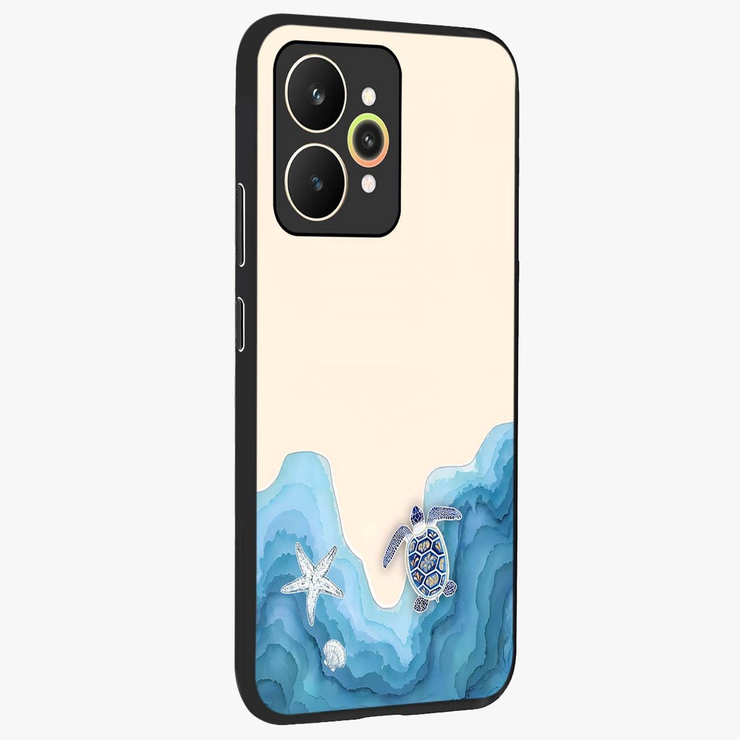 Ocean Drift Turtle Glass Case upright view showcasing calm underwater turtle artwork with nature inspired theme.