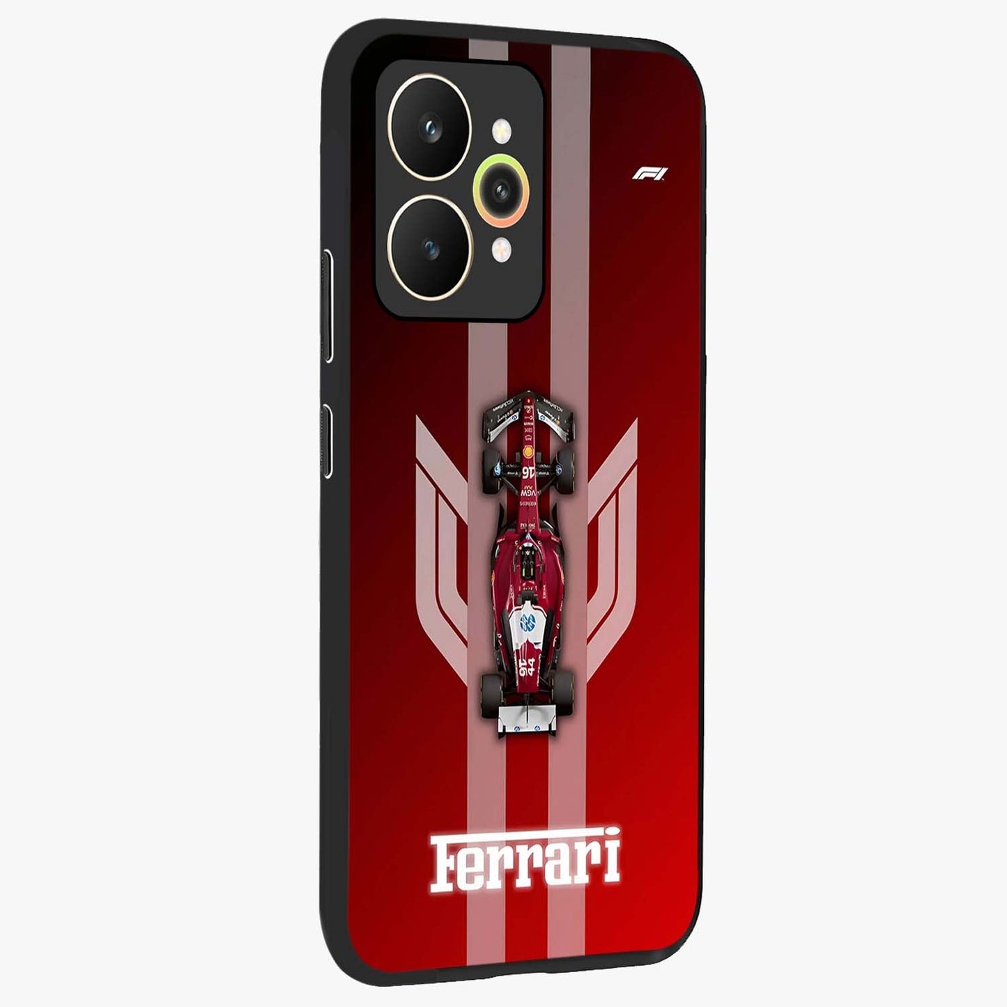 Red Ferrari F1 Vertical Glass Case upright view showcasing powerful Formula car artwork with dynamic motorsport theme.