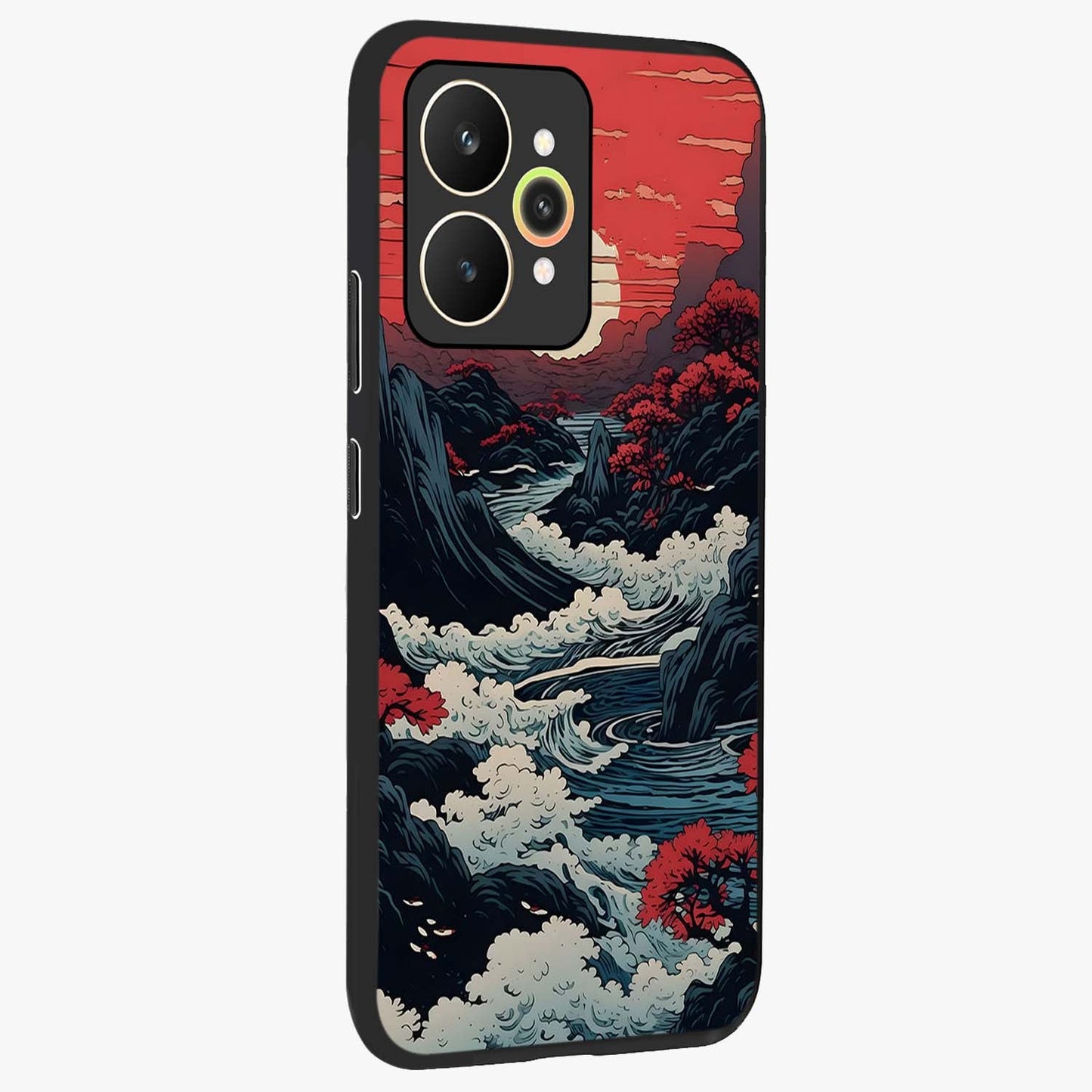Red Sunset Scenery Glass Case upright view showcasing dramatic sunset scenery artwork with warm nature theme.