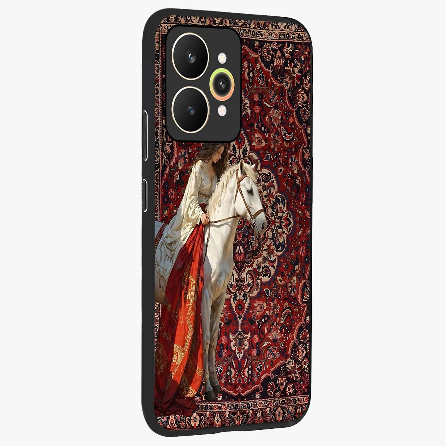 Royal Rider Tapestry Glass Case upright view showcasing detailed rider artwork with classic tapestry theme.