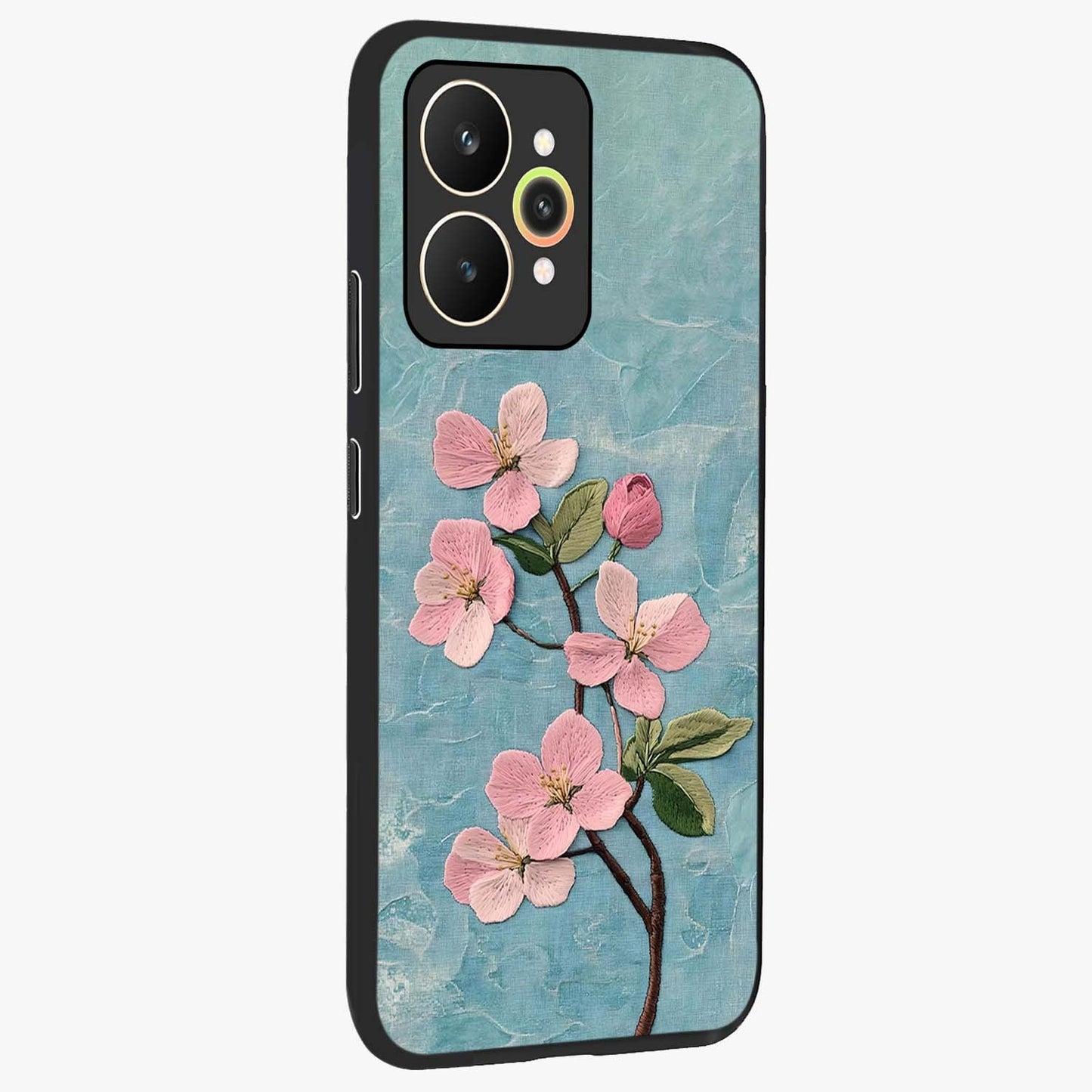 Threaded Blossom Breeze Glass Case upright view showcasing graceful flower artwork with calm botanical theme.