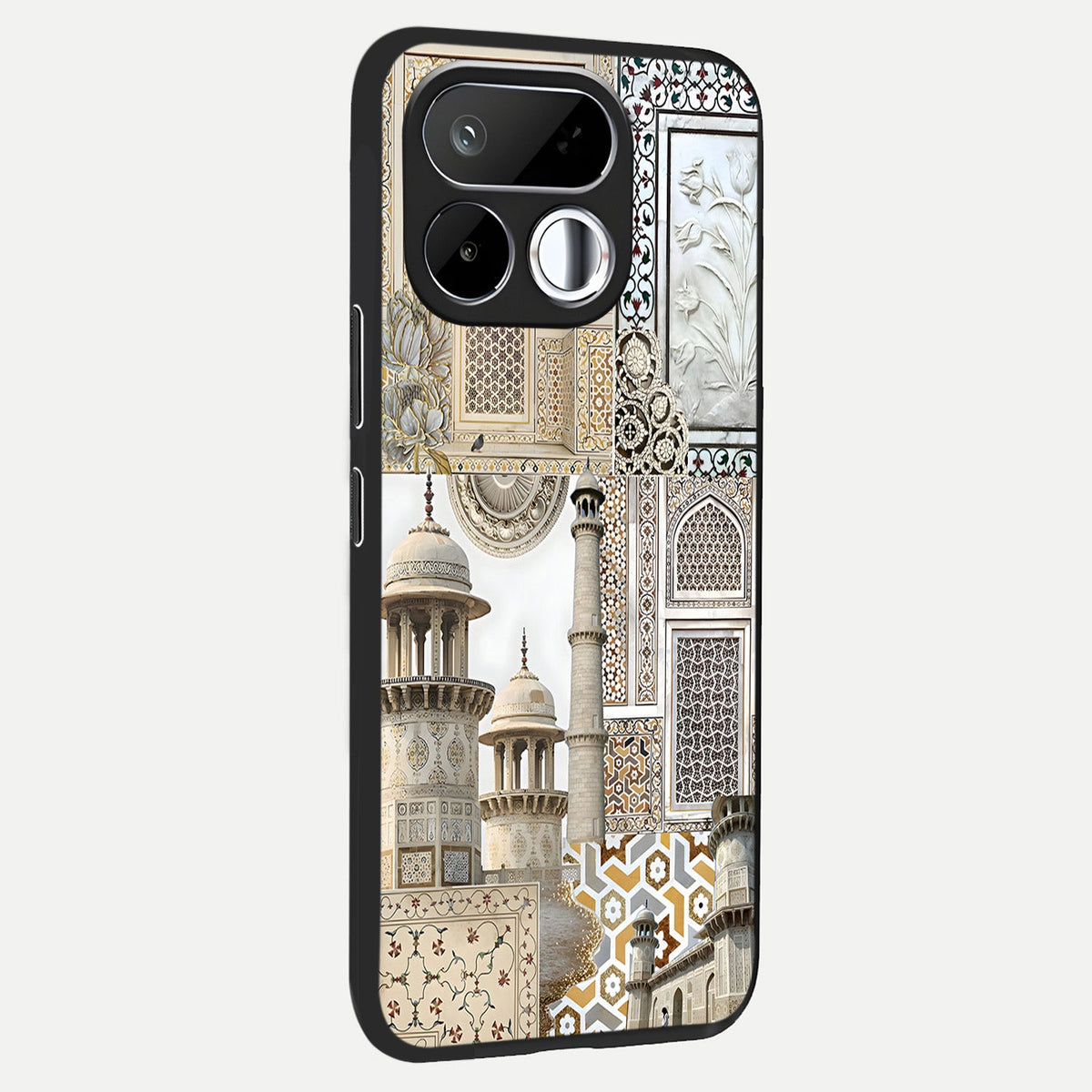 Mughal Marble Legacy Glass Case upright view showcasing ornate Mughal design with luxurious traditional theme.