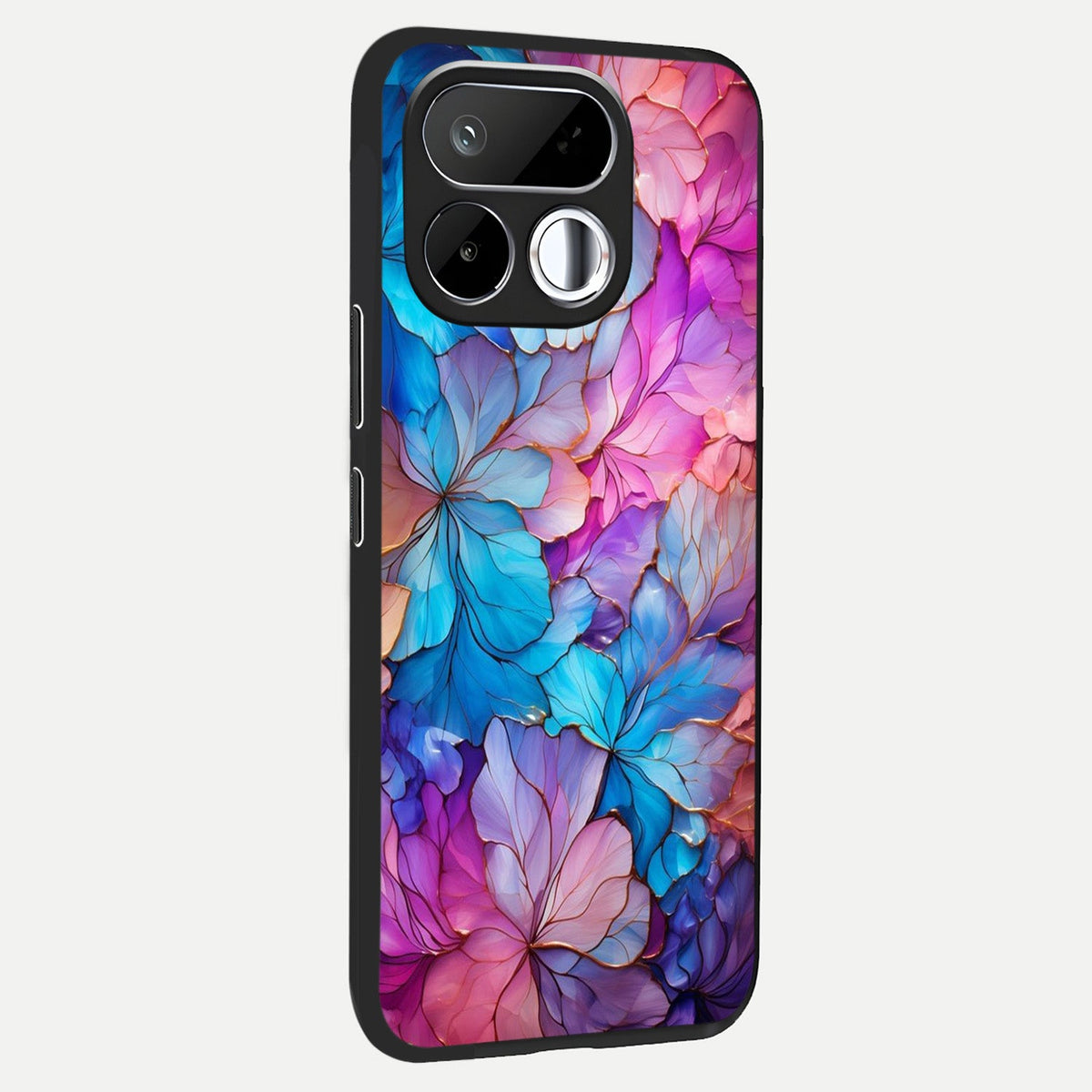 Radiant Floral Whirl Glass Case upright view showcasing lively floral artwork with decorative swirl theme.