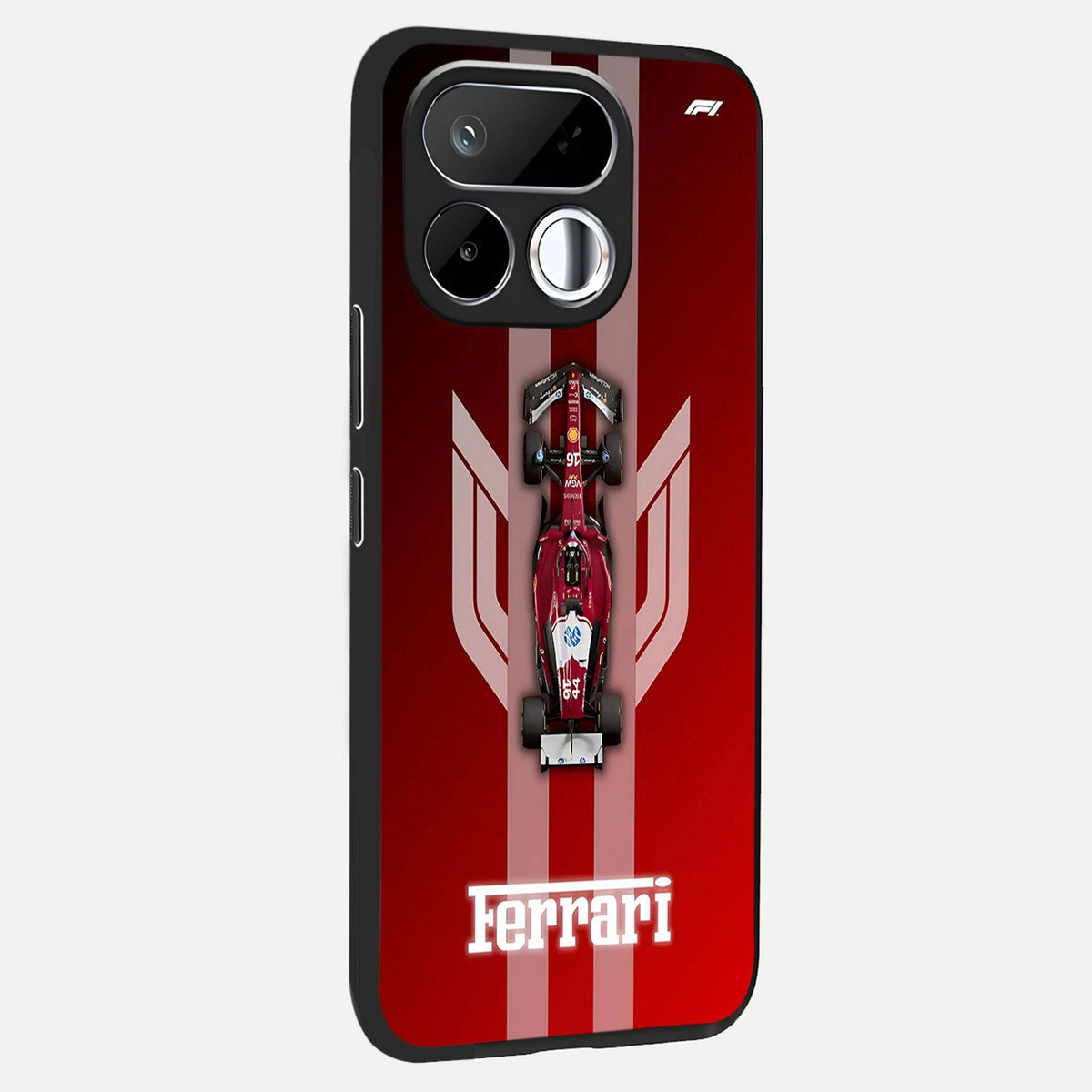 Red Ferrari F1 Vertical Glass Case upright view showcasing powerful Formula car artwork with dynamic motorsport theme.