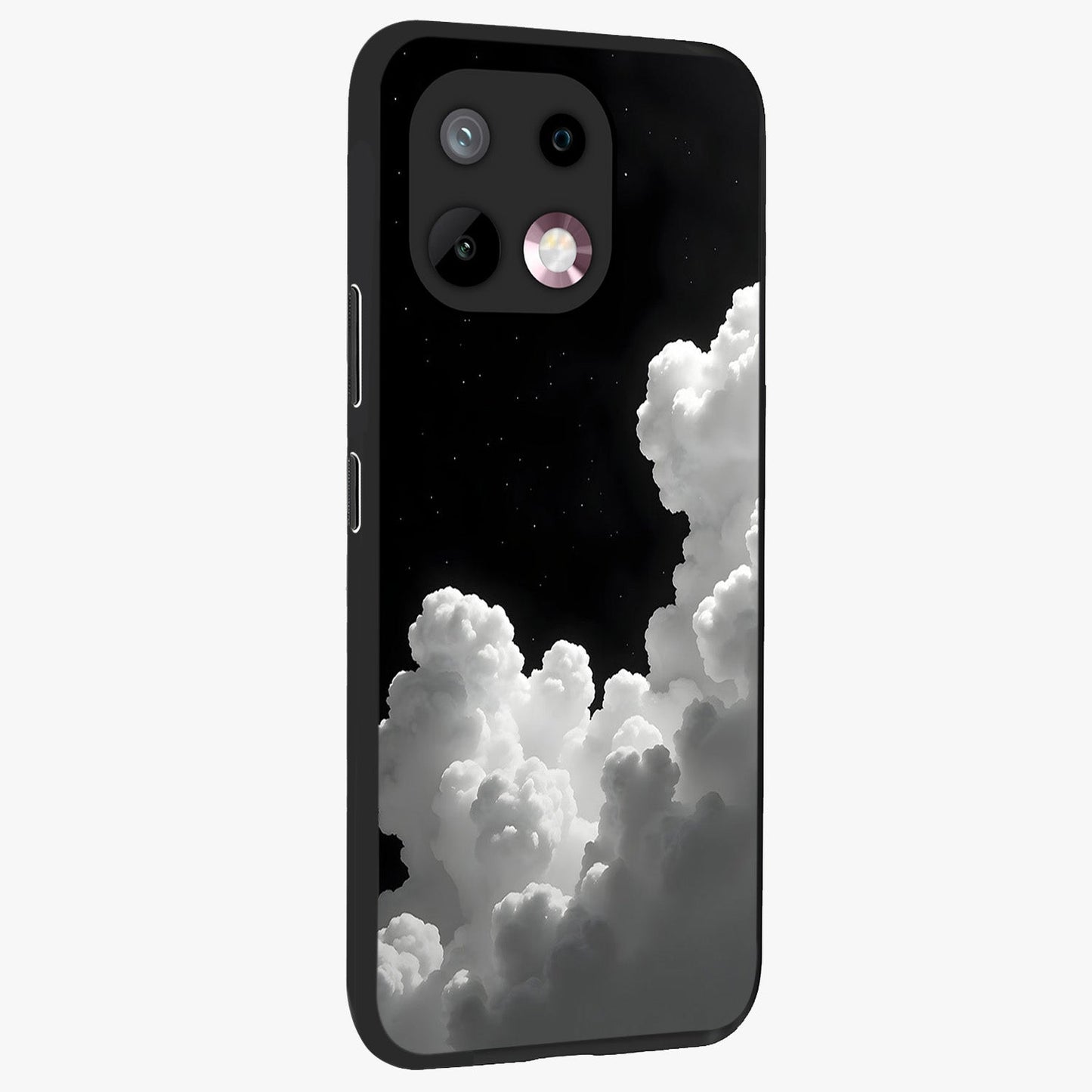 Black Background With White Cloud Glass Case upright view showcasing calm cloud aesthetic with modern minimal style.