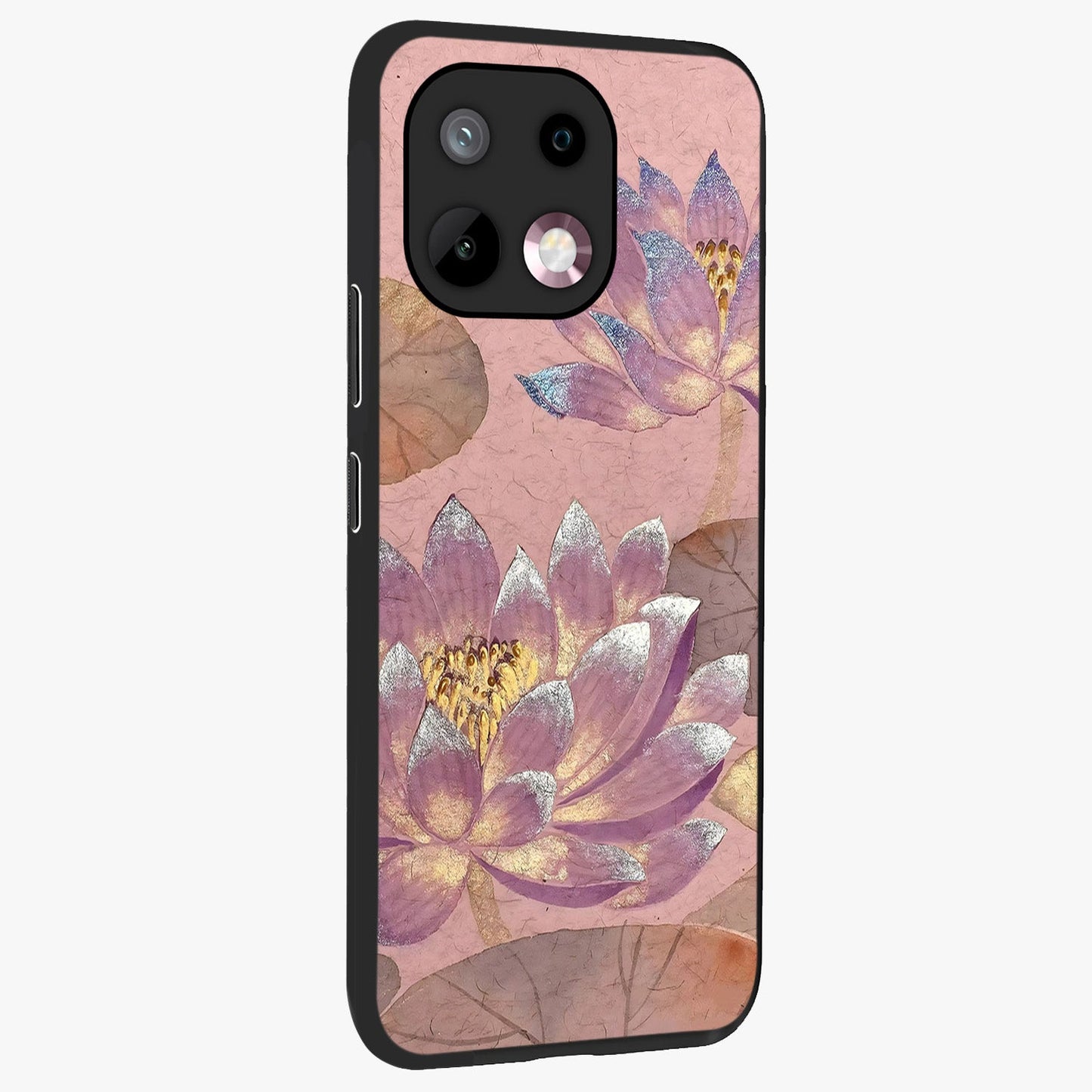 Blossom Mist Lotus Glass Case upright view showcasing graceful lotus flower design with peaceful botanical style.
