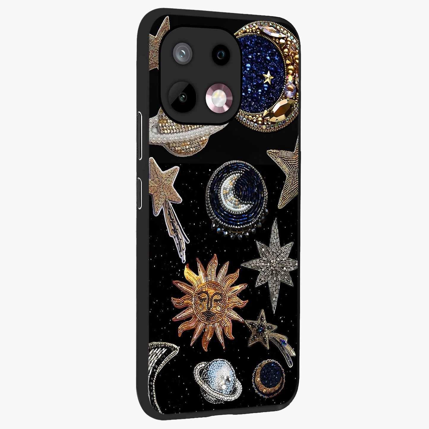 Celestial Gem Constellations Glass Case upright view showcasing cosmic constellation artwork with celestial aesthetic style.