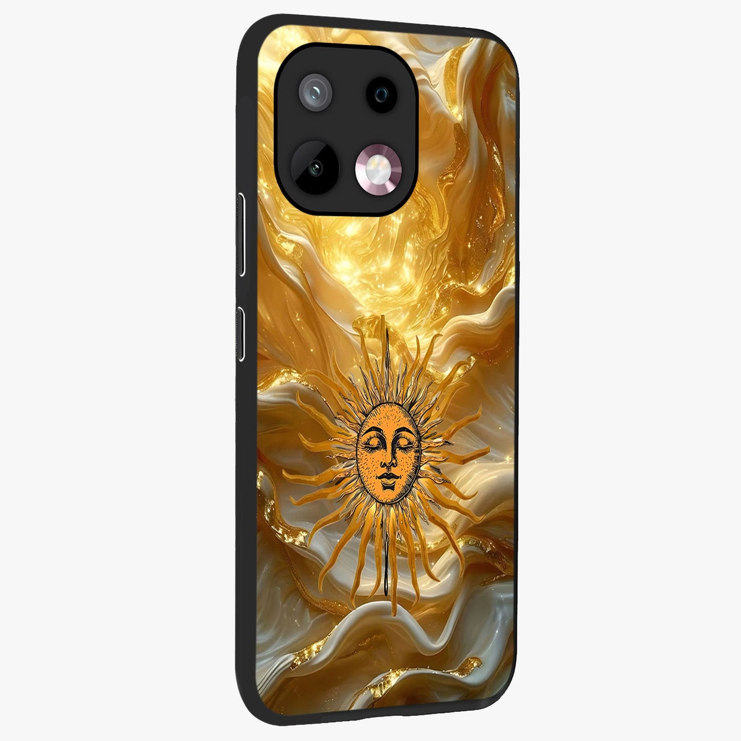 Eternal Golden Glow Glass Case upright view showcasing luminous golden artwork with luxurious visual theme.