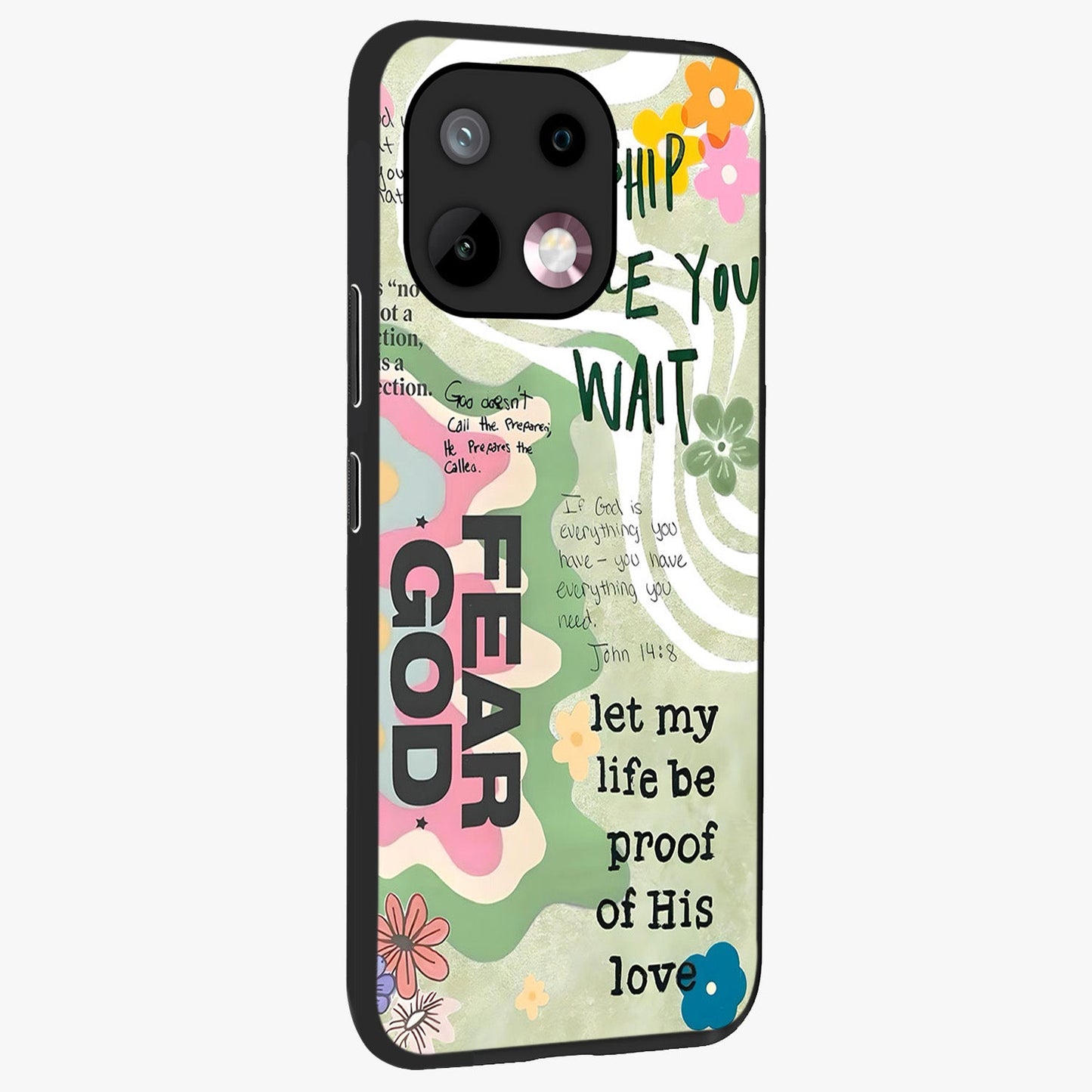 Faith Over Fear Glass Case upright view showcasing bold typography artwork with uplifting motivational theme.