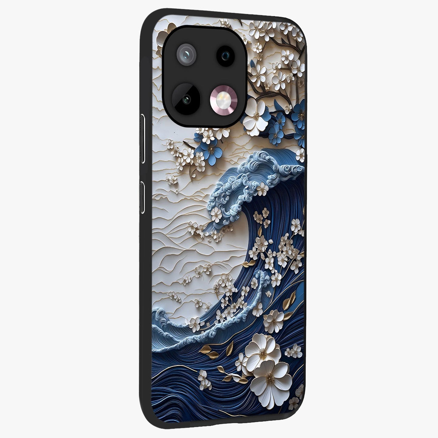 Floral Wave Origami Glass Case upright view showcasing creative floral origami artwork with artistic decorative theme.