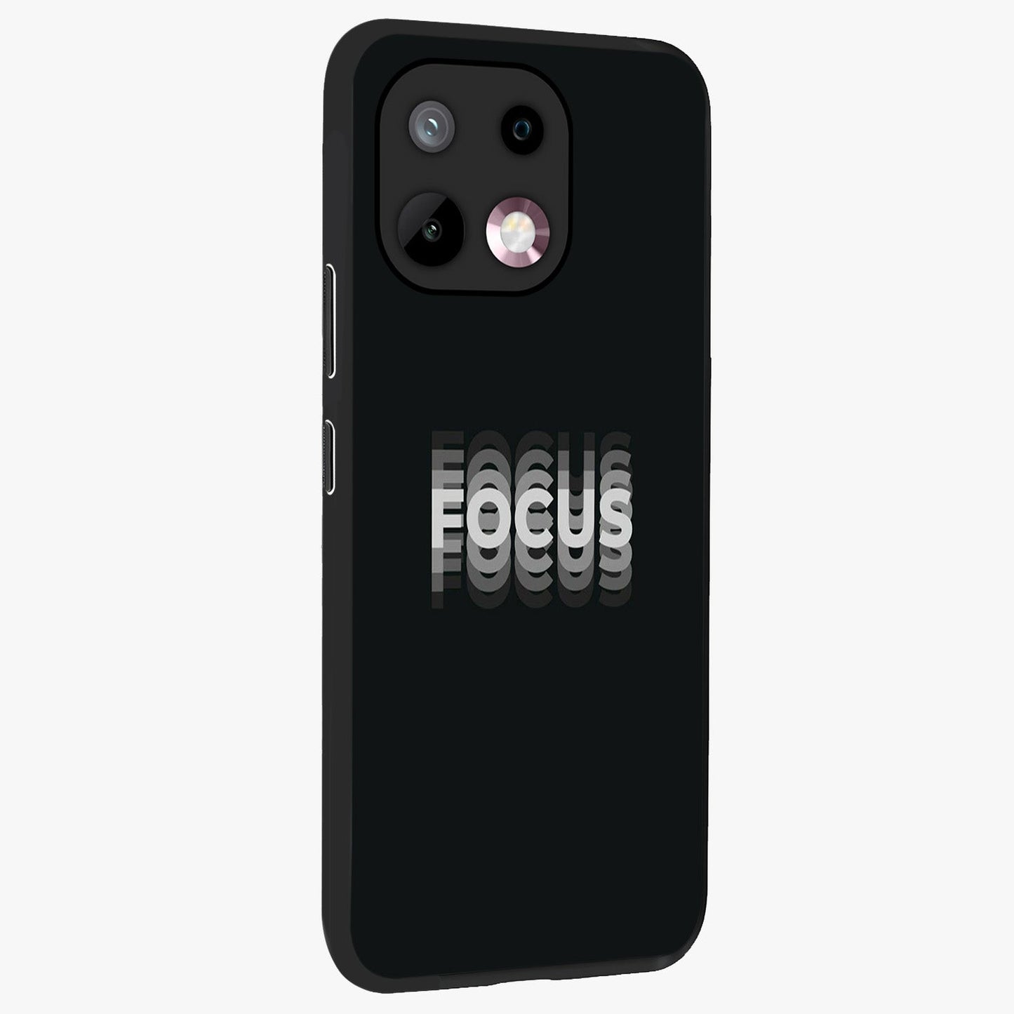 Focus Mode On Glass Case upright view showcasing strong typography statement with sleek motivational theme.