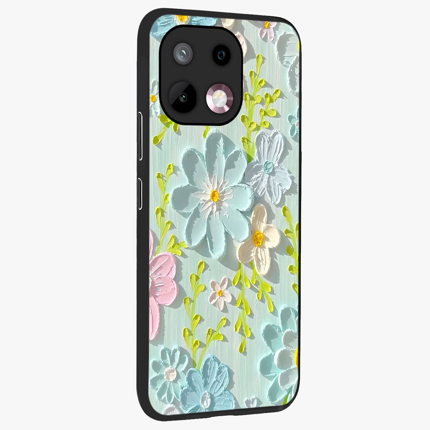 Frosted Petal Garden Glass Case upright view showcasing elegant floral garden artwork with soothing pastel theme.