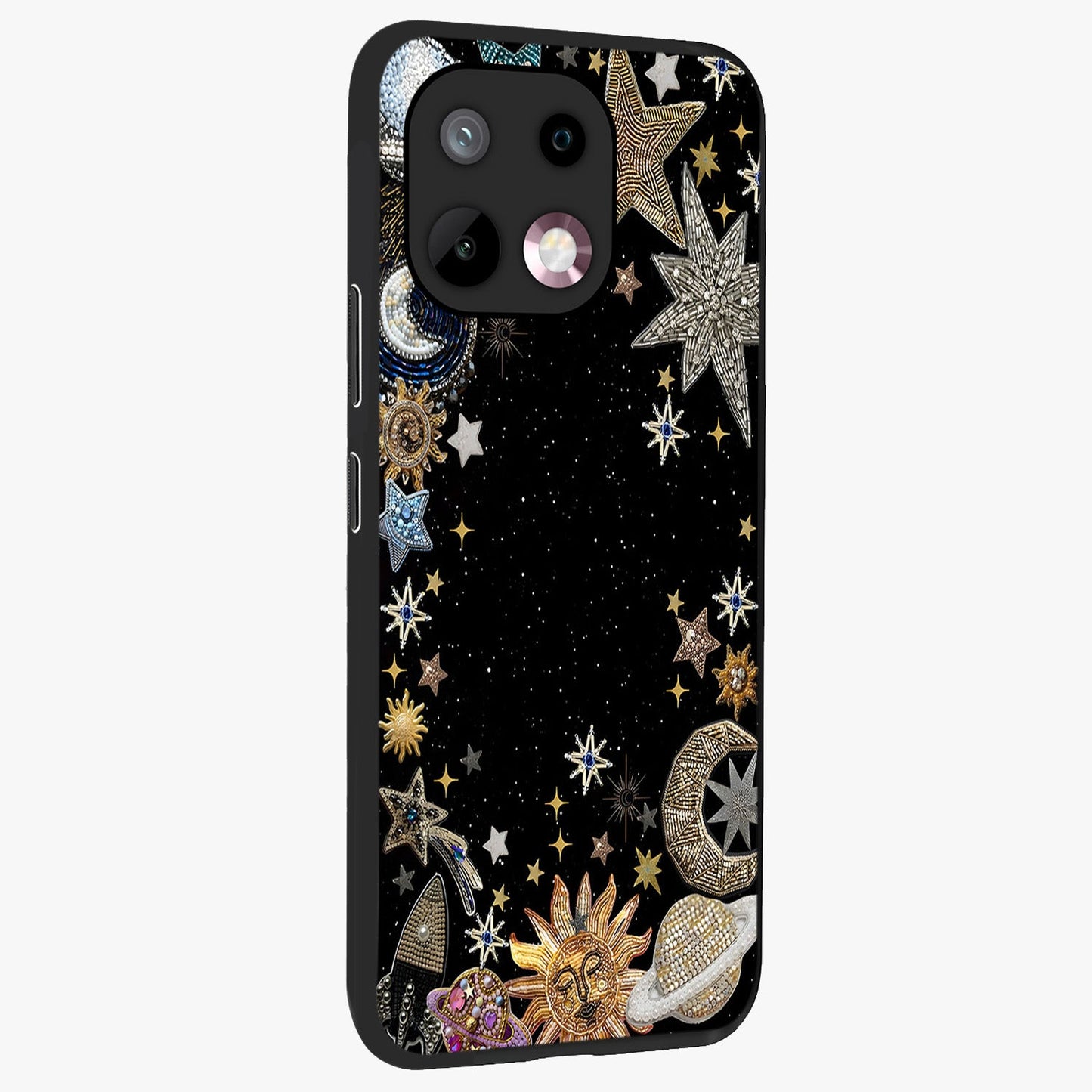Galactic Jewel Stars Glass Case upright view showcasing glittering star jewel artwork with vibrant galaxy theme.