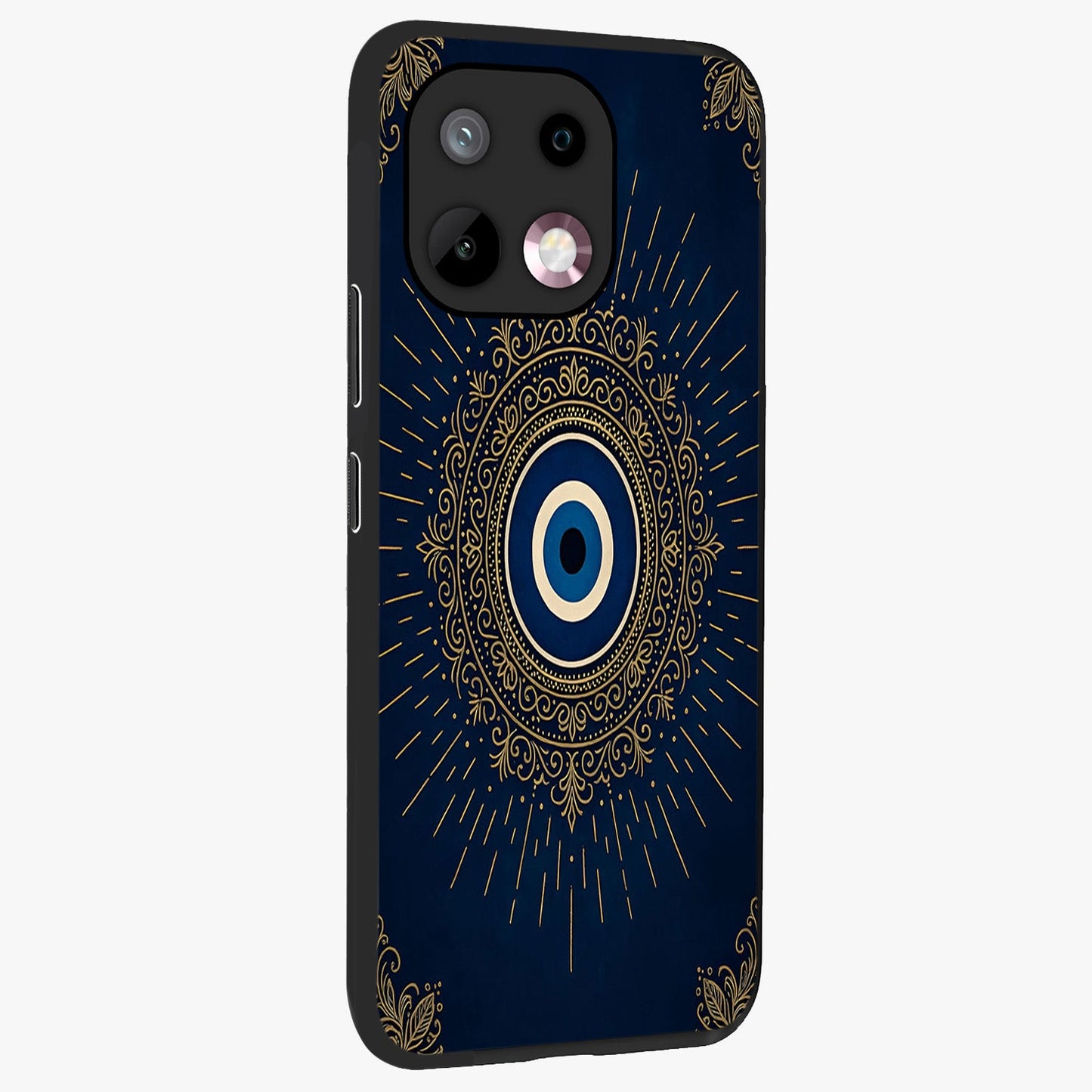 Golden Celestial Charm Glass Case upright view showcasing radiant celestial artwork with elegant golden theme.